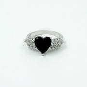 925 Sterling Silver Black Heart-Cut Ring with White Zircon Accents