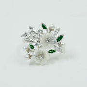 925 Sterling Silver Floral Pearl & Mother-of-Pearl Ring with Green Enamel & CZ Stones