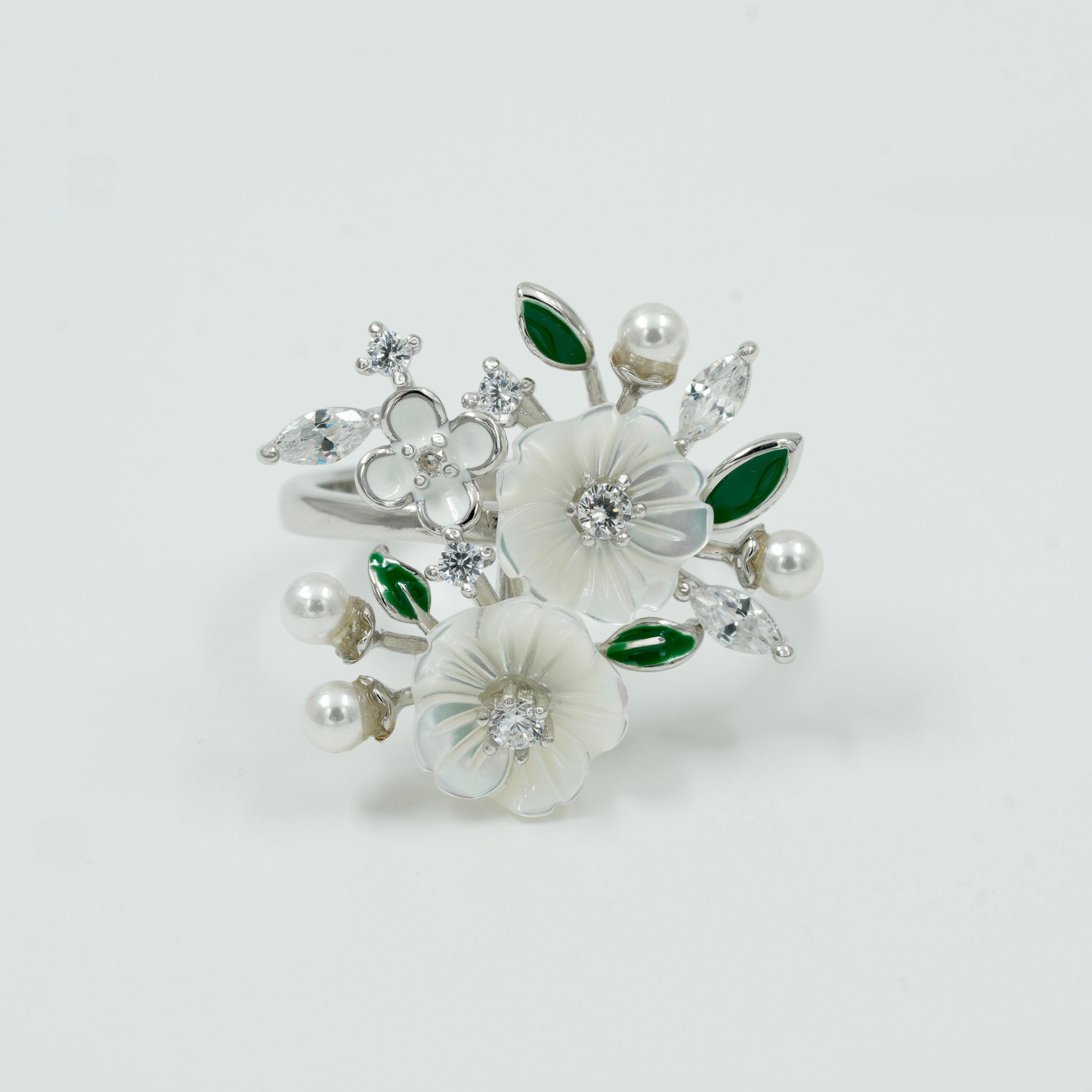 925 Sterling Silver Floral Pearl & Mother-of-Pearl Ring with Green Enamel & CZ Stones