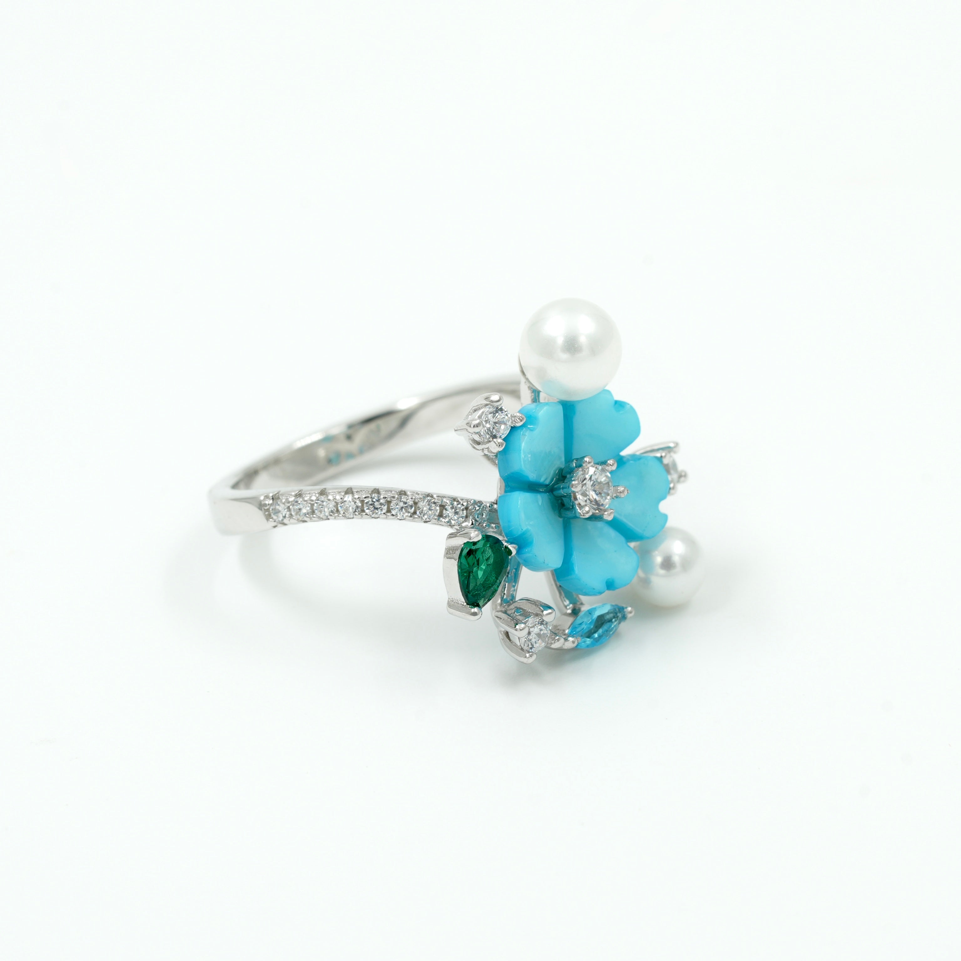 925 Silver Blue Flower & Pearl Statement Ring with Green and White Gemstones
