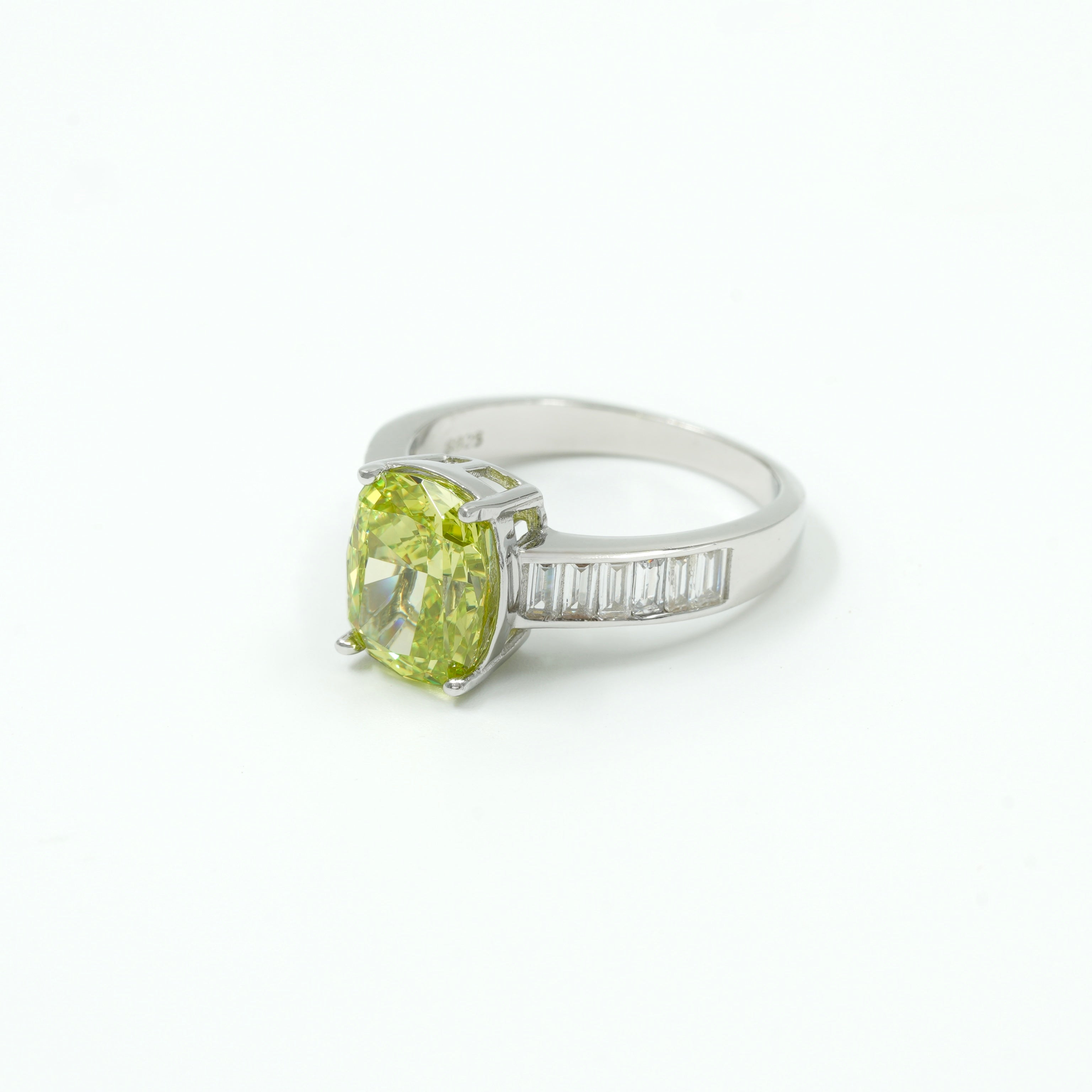925 Silver Cushion Cut Lime-Green Solitaire Ring with Diamond Accents