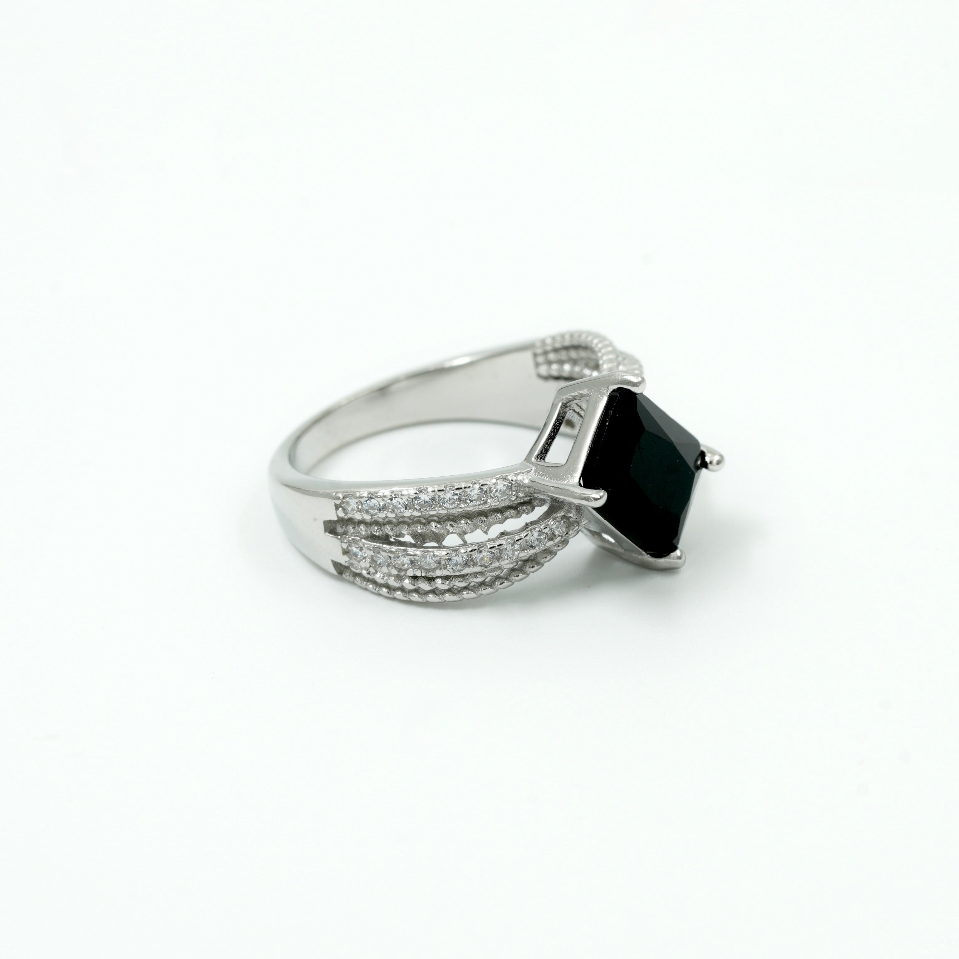 925 Silver Princess Cut Black Stone Ring with Diamond Accent Detailing