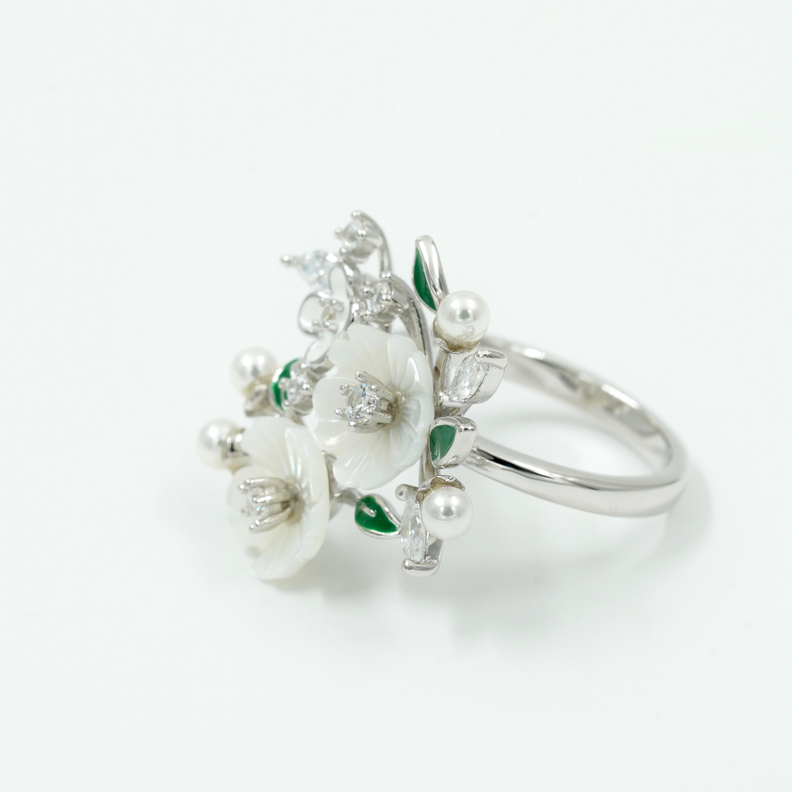 925 Sterling Silver Floral Pearl & Mother-of-Pearl Ring with Green Enamel & CZ Stones