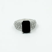Black Onyx Rectangle Silver Ring with Designer Leaf Band – 925 Sterling Silver