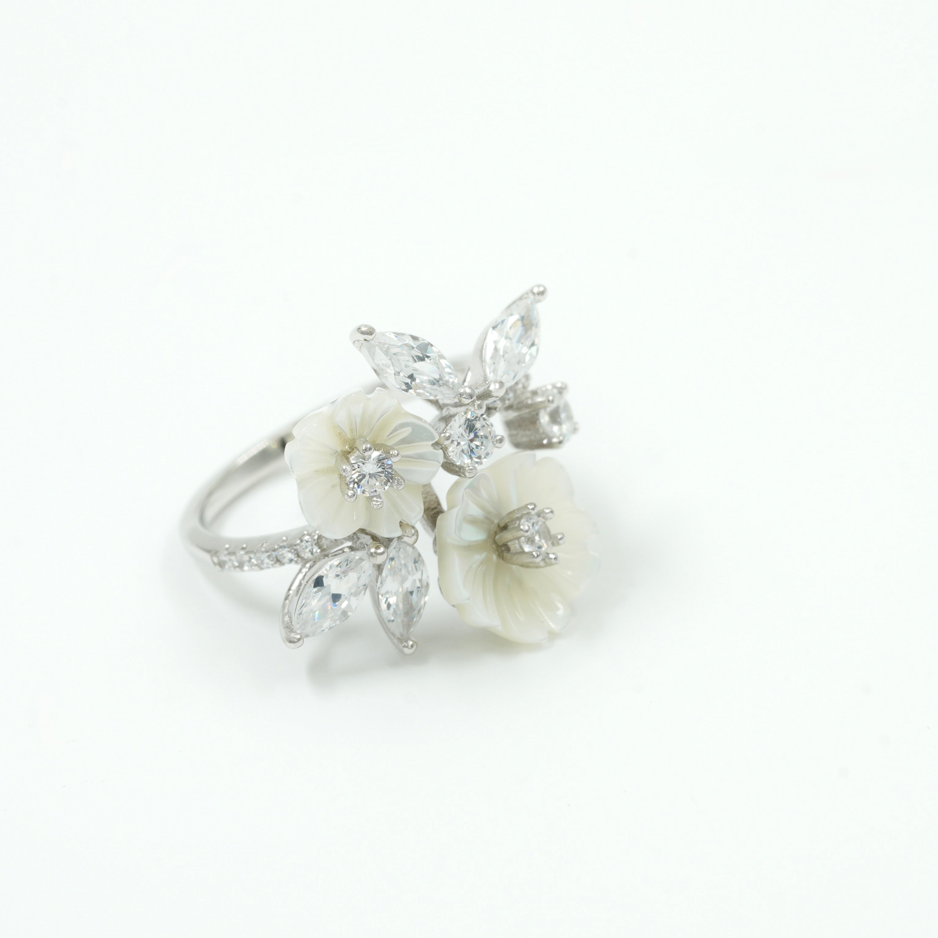 925 Silver Floral Blossom Ring with CZ Stones & Mother of Pearl Flowers