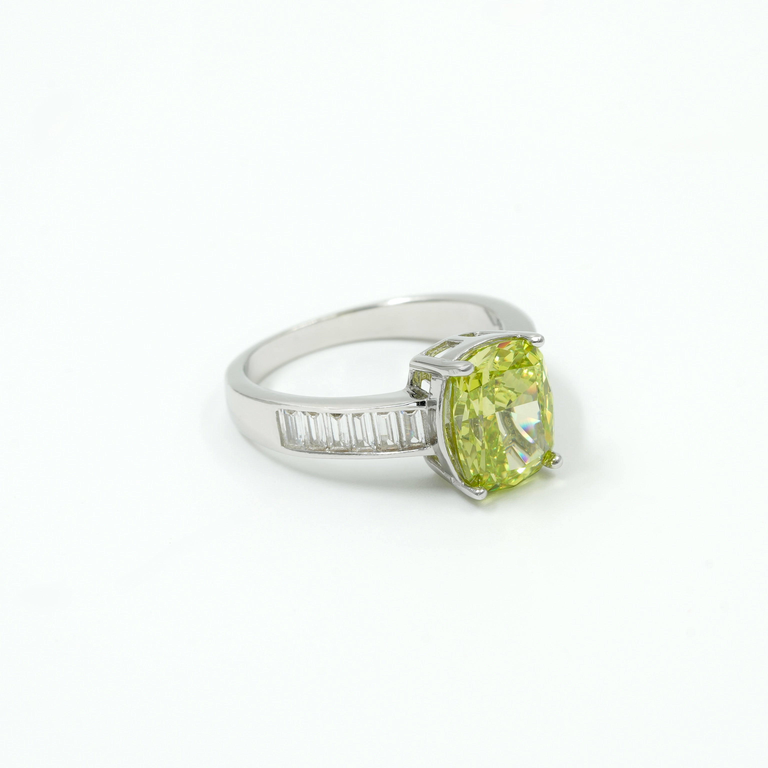 925 Silver Cushion Cut Lime-Green Solitaire Ring with Diamond Accents