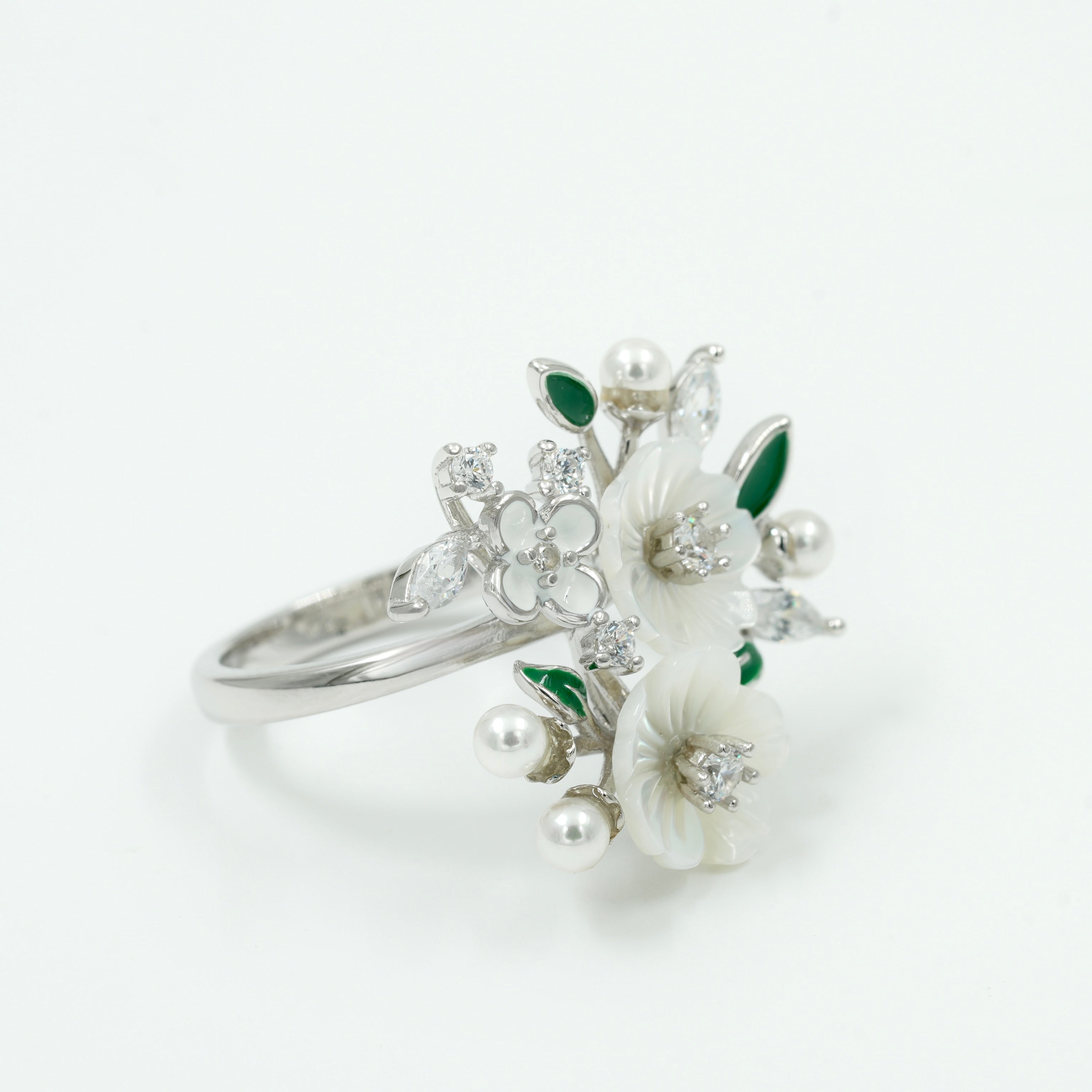925 Sterling Silver Floral Pearl & Mother-of-Pearl Ring with Green Enamel & CZ Stones