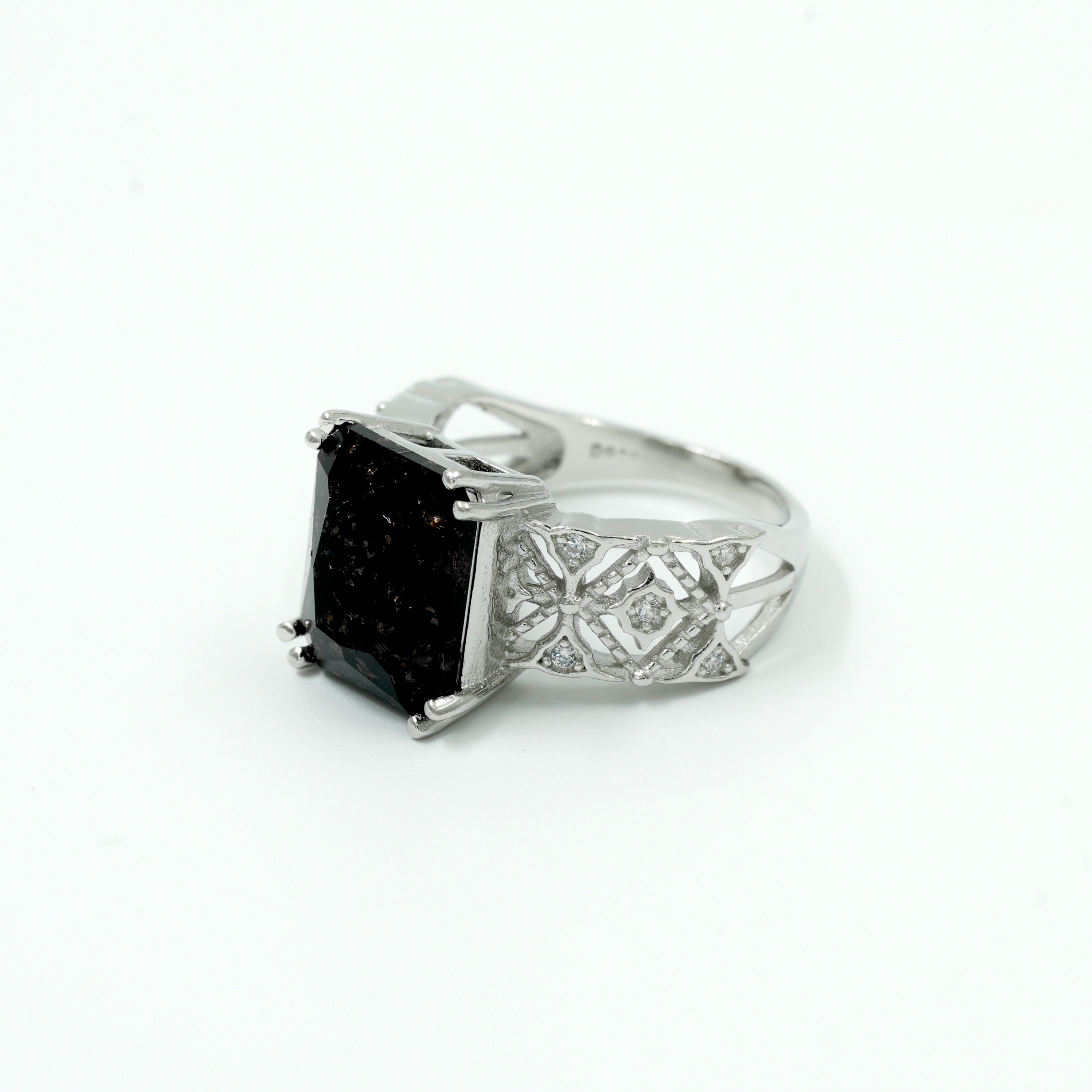 925 Silver Black Onyx Statement Ring with Designer Filigree Band
