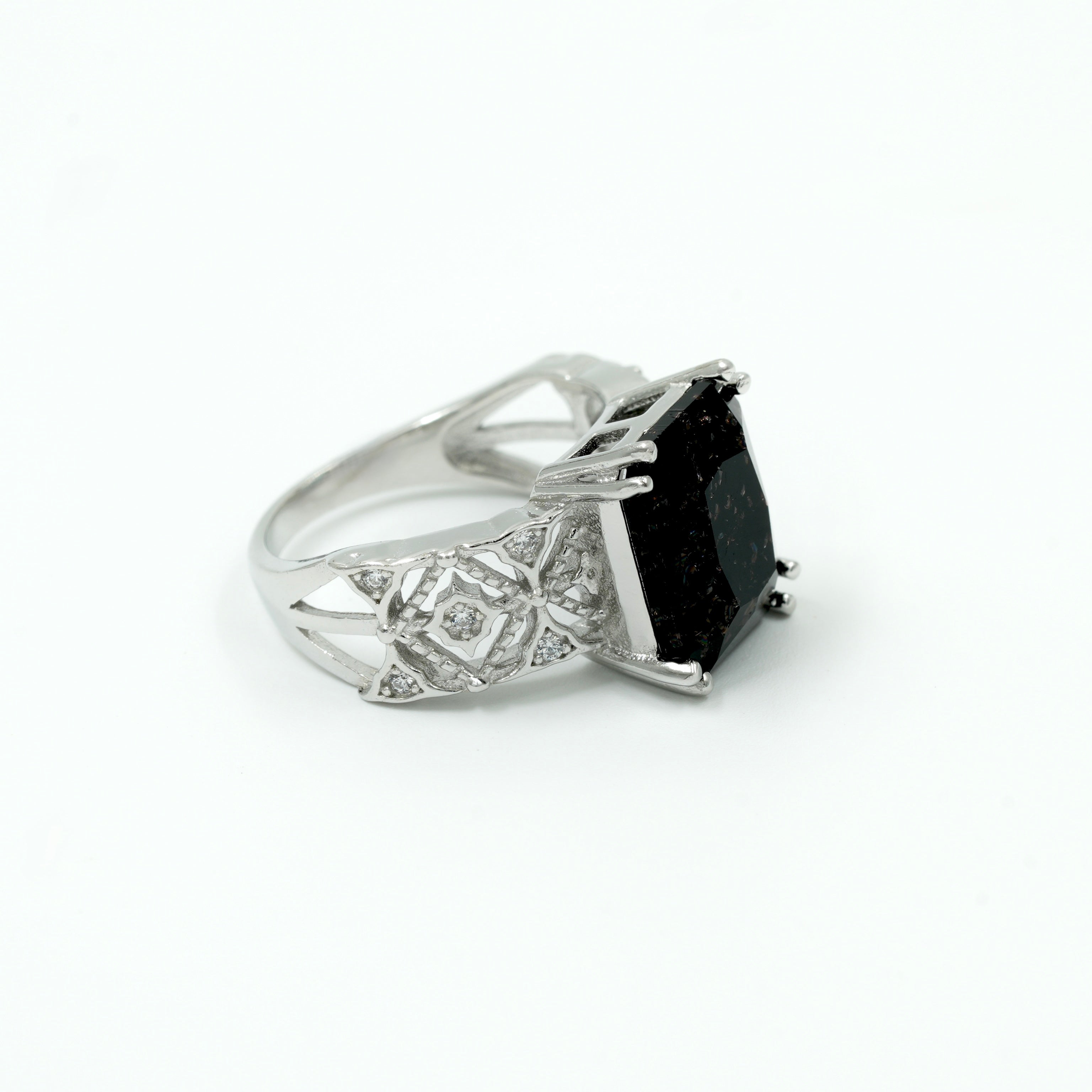 925 Silver Black Onyx Statement Ring with Designer Filigree Band