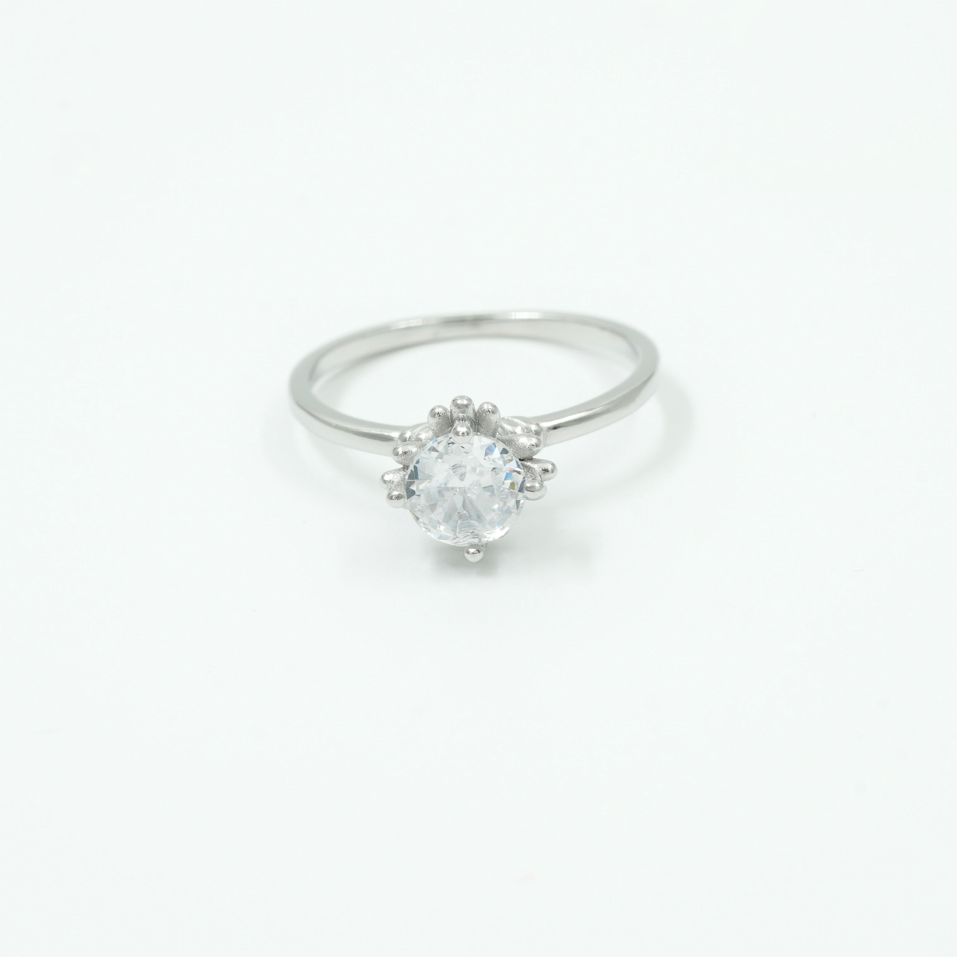 925 Sterling Silver Minimal Round Solitaire Ring – Elegant Floral Prong Design