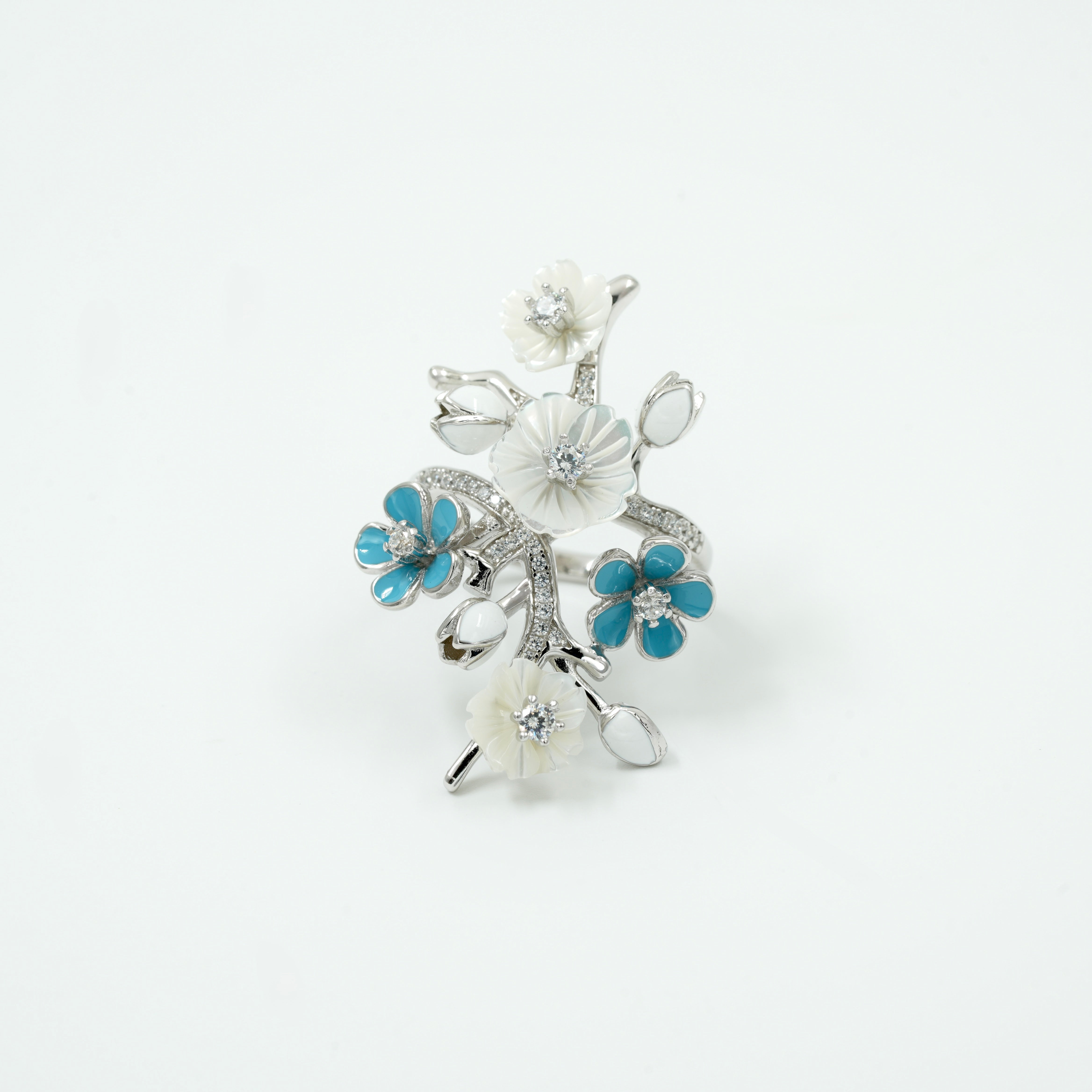 925 Sterling Silver Blue & White Floral Statement Ring