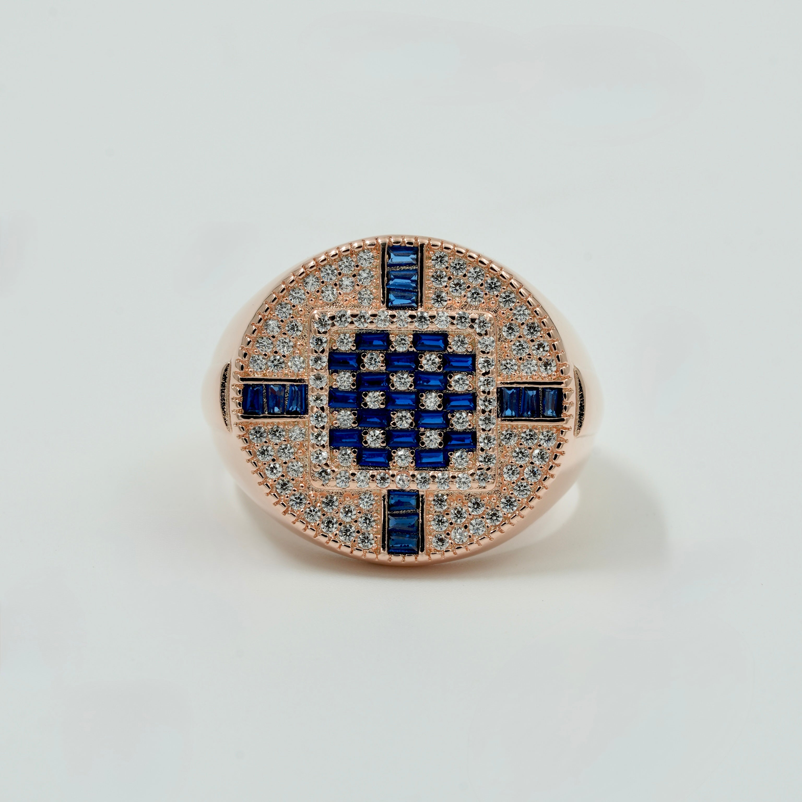 925 Silver Rose Gold Finish Blue Sapphire & CZ Men’s Statement Ring