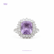 925 Silver Ring with Lavender Zircon and Halo White Stones – Statement Cocktail Design
