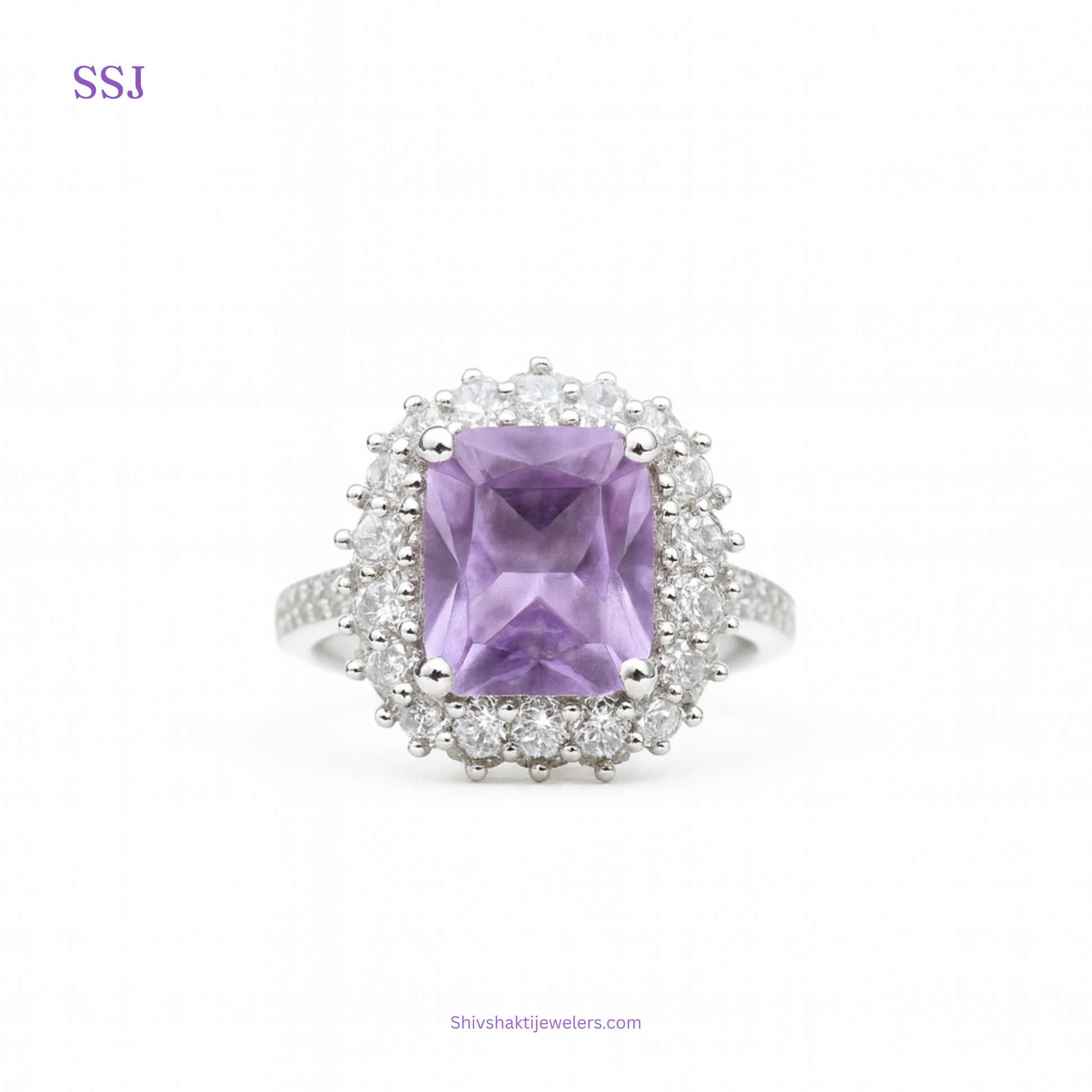 925 Silver Ring with Lavender Zircon and Halo White Stones – Statement Cocktail Design
