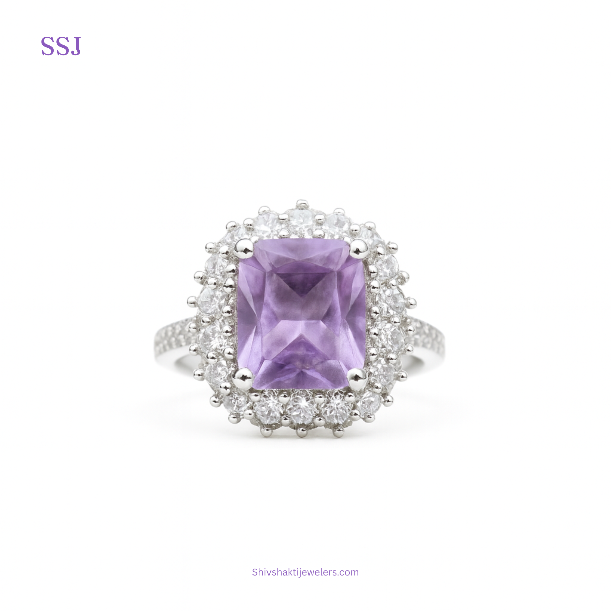 925 Silver Ring with Lavender Zircon and Halo White Stones – Statement Cocktail Design
