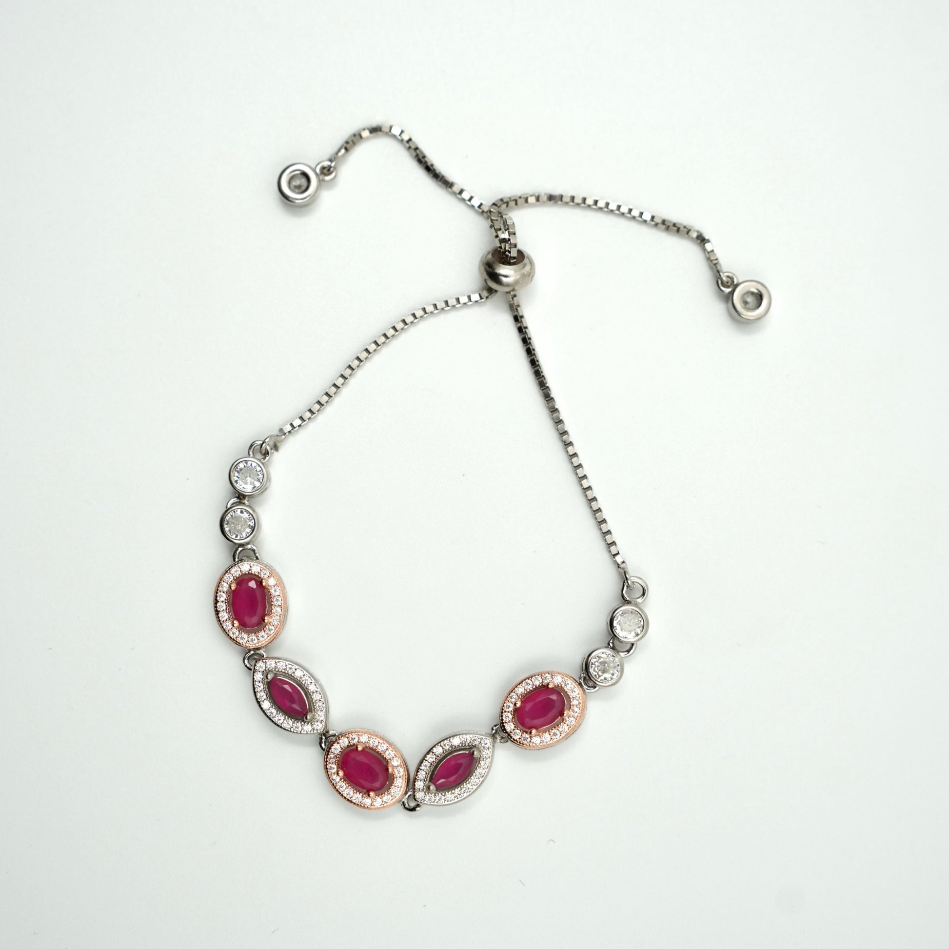 Ruby oval and navette stone slider bracelet with CZ accents in silver finish