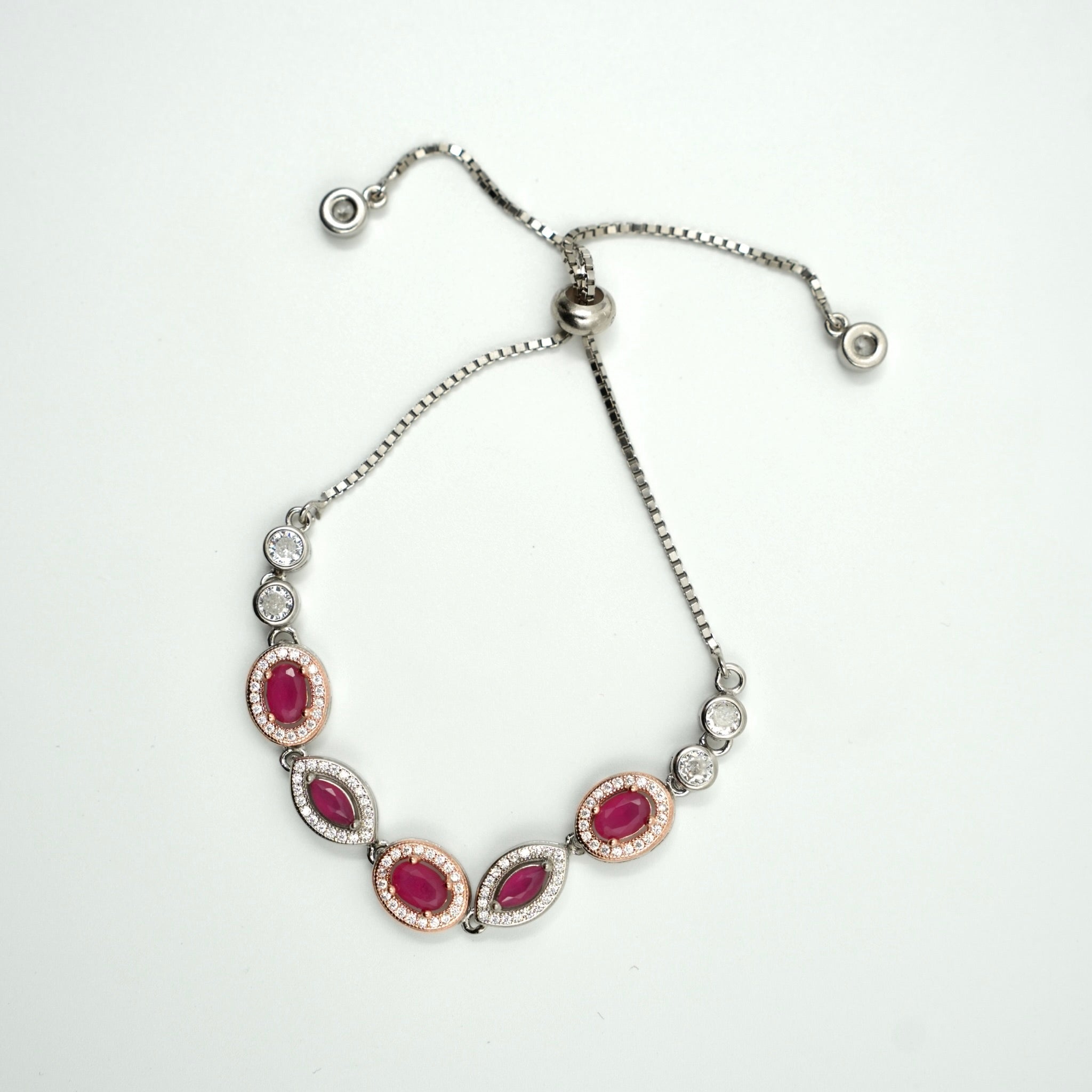 Ruby oval and navette stone slider bracelet with CZ accents in silver finish