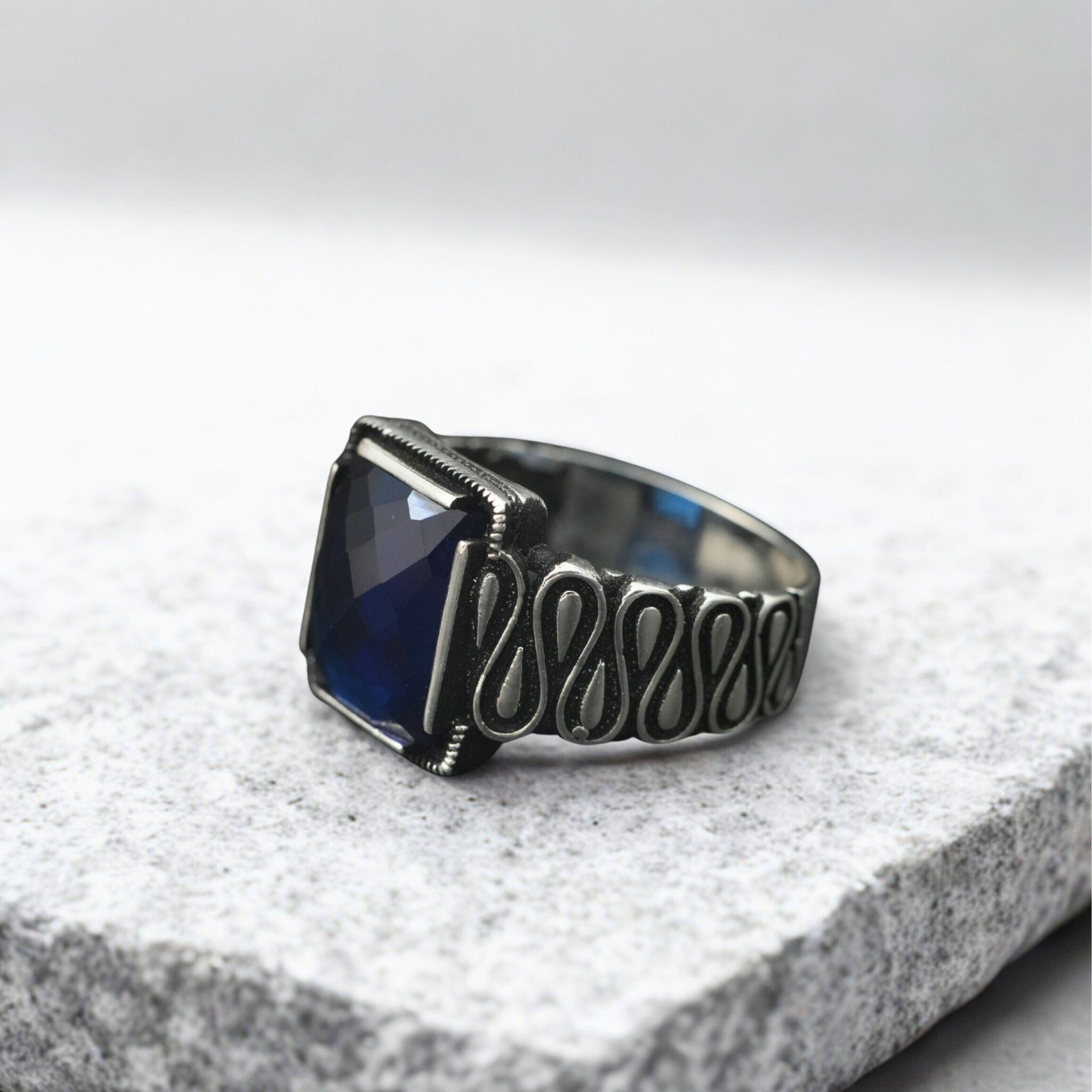 Men’s Oxidised Silver Ring with Blue Stone | Statement Ring in 925 Silver