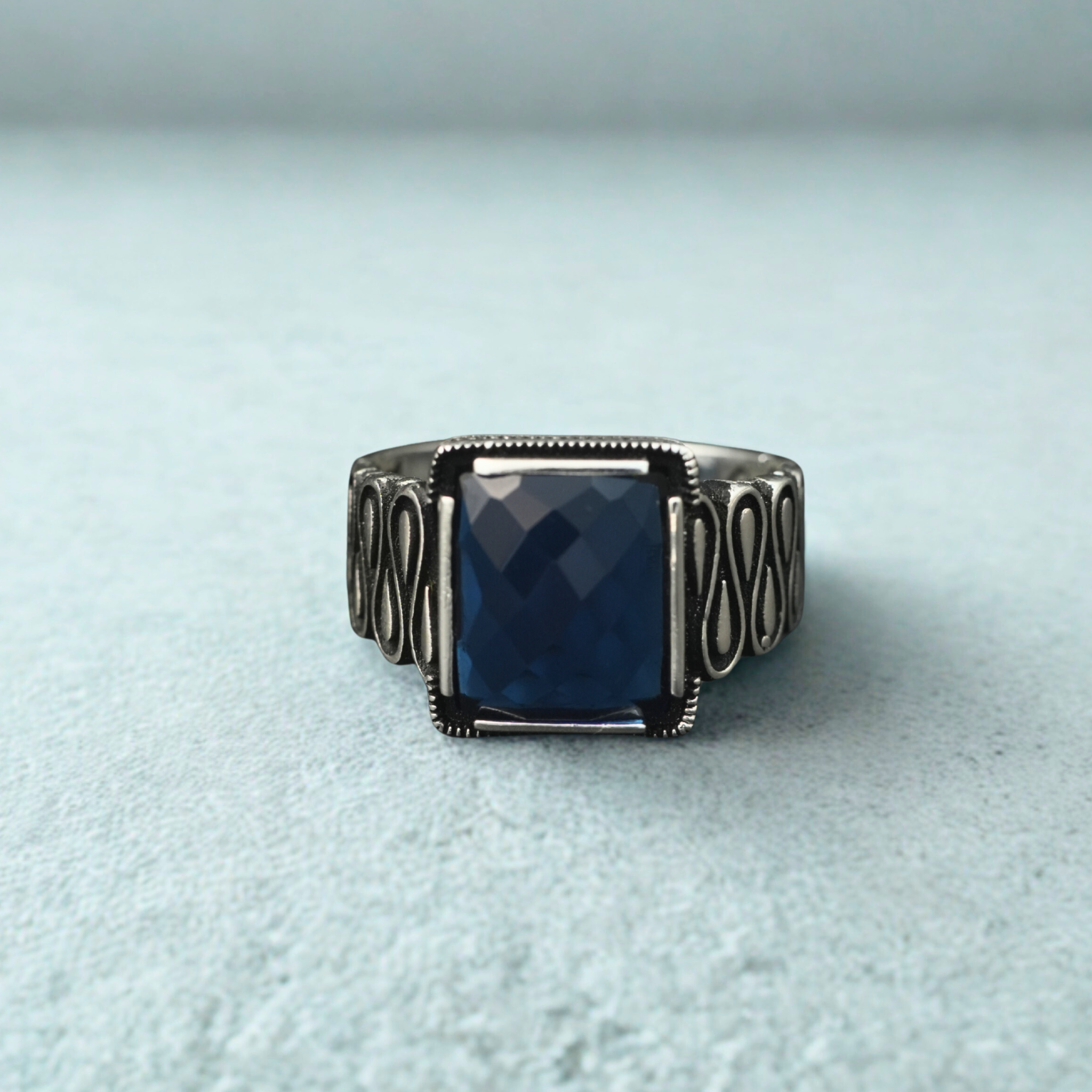 Men’s Oxidised Silver Ring with Blue Stone | Statement Ring in 925 Silver