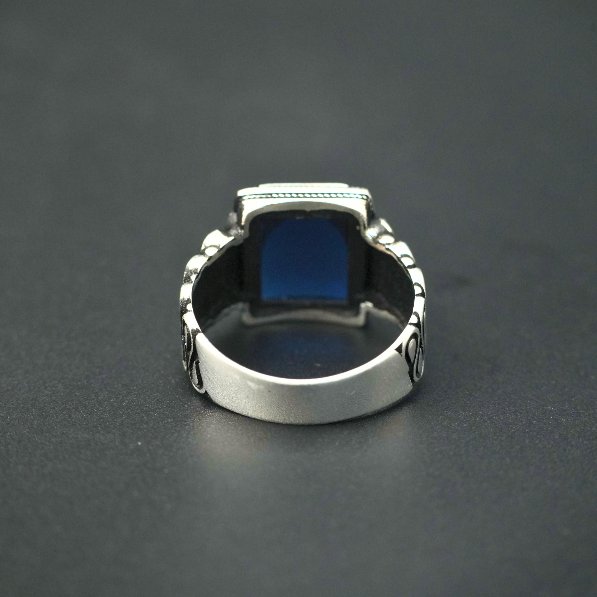 Men’s Oxidised Silver Ring with Blue Stone | Statement Ring in 925 Silver