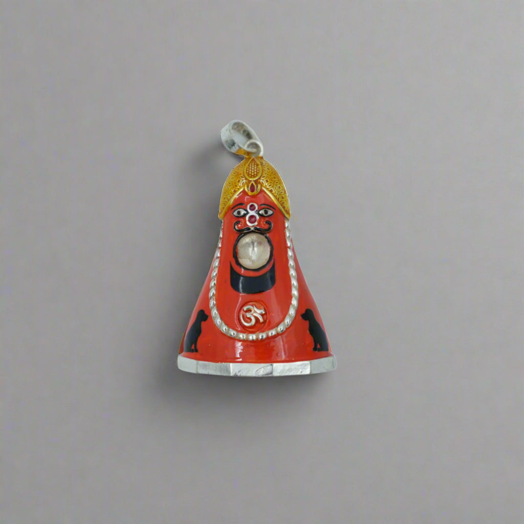 A 925 sterling silver pendant featuring the figure of Kodamdeshar Bhairu Ji with a red, gold, and black color scheme.