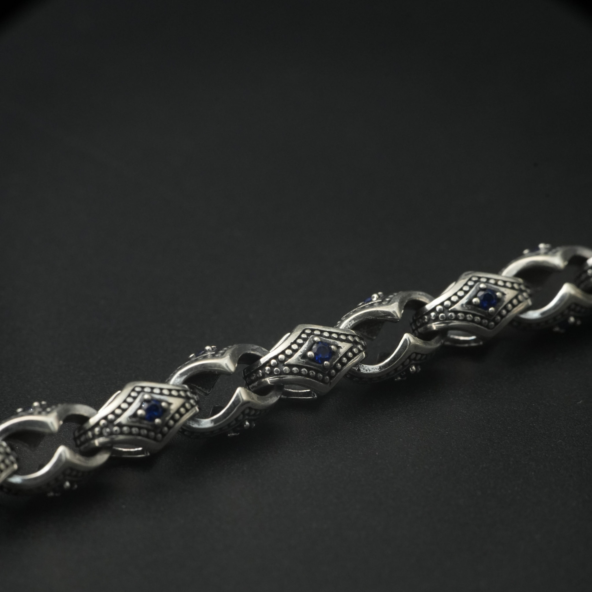 Antique Oxidized Silver Bracelet with Blue Stone Accents
