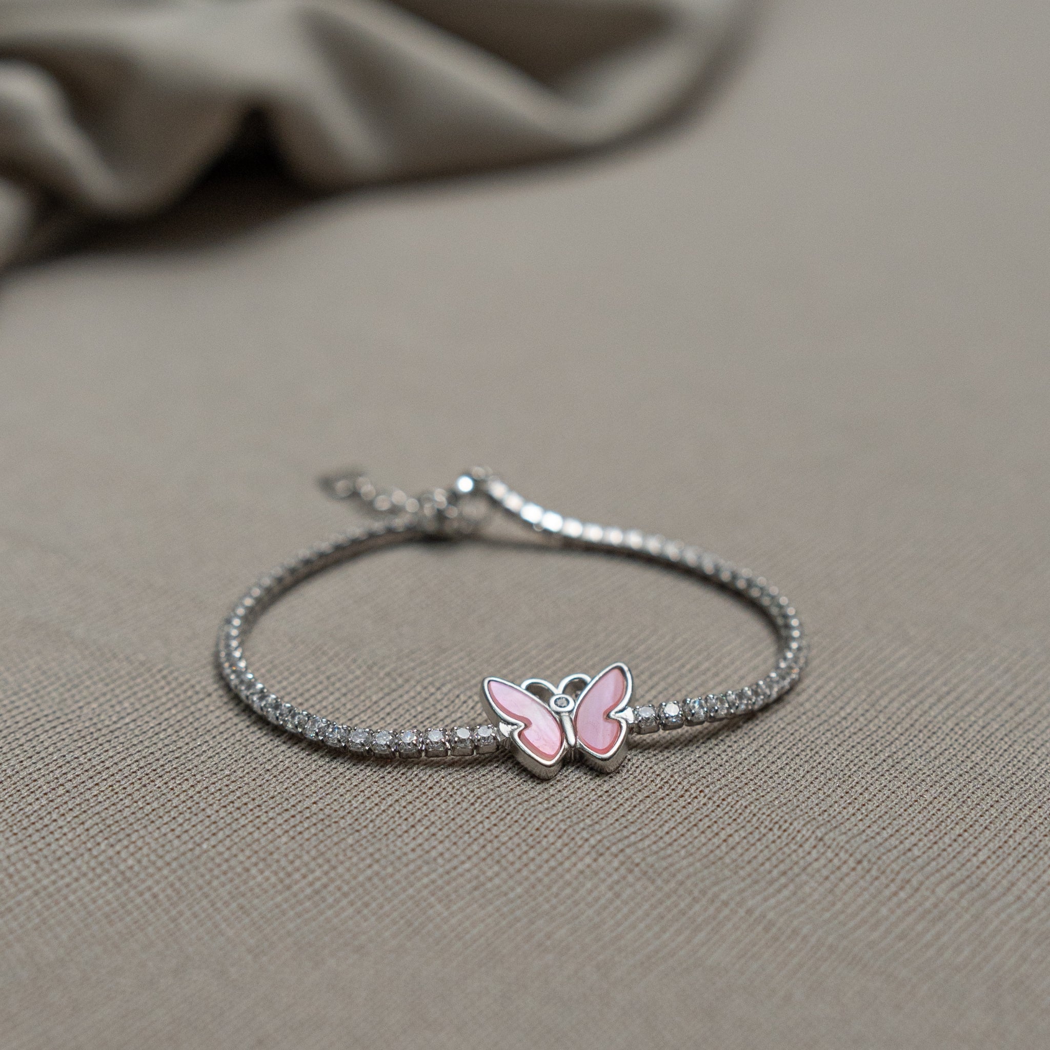 925 Silver Pink Enamel Butterfly CZ Bracelet