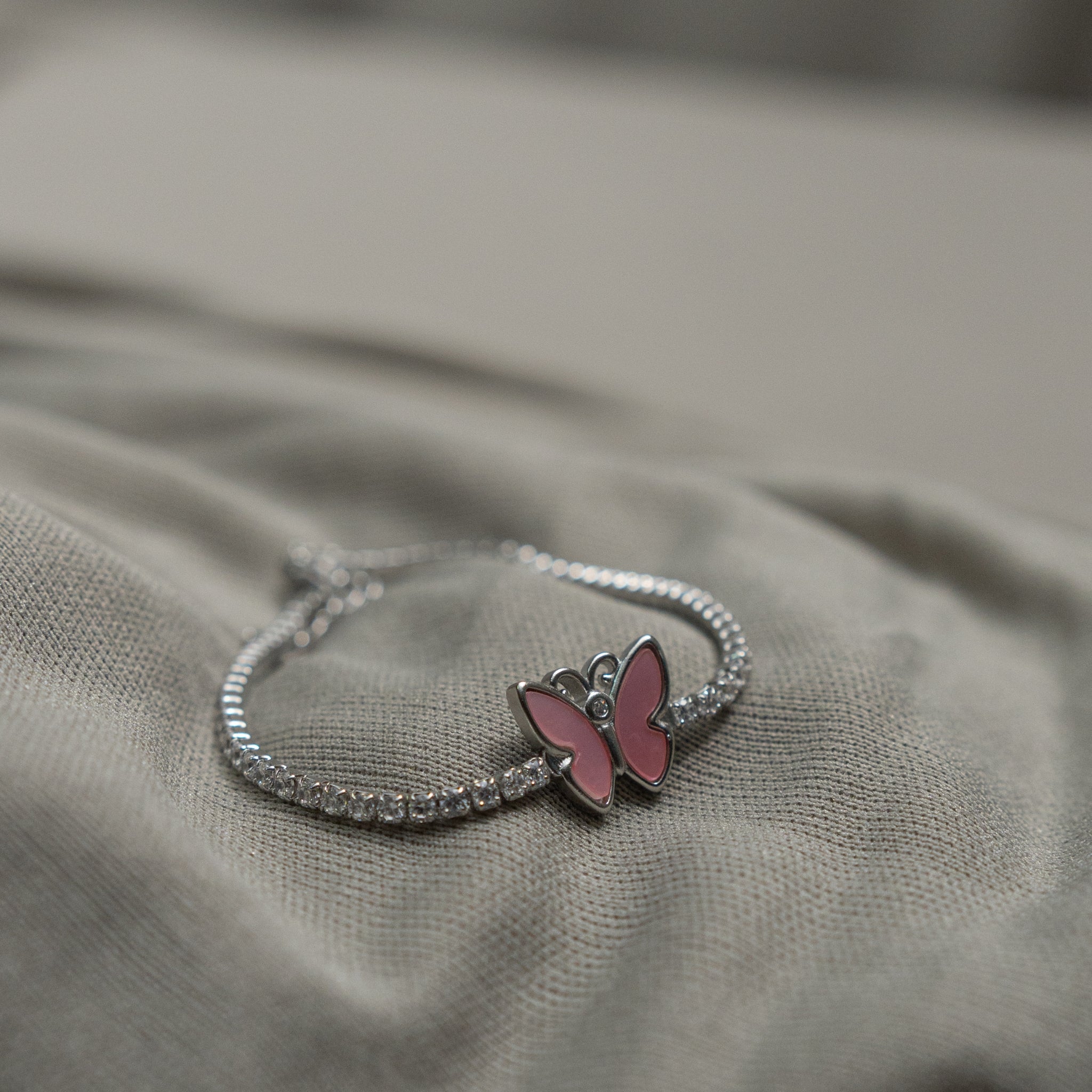 925 Silver Pink Enamel Butterfly CZ Bracelet