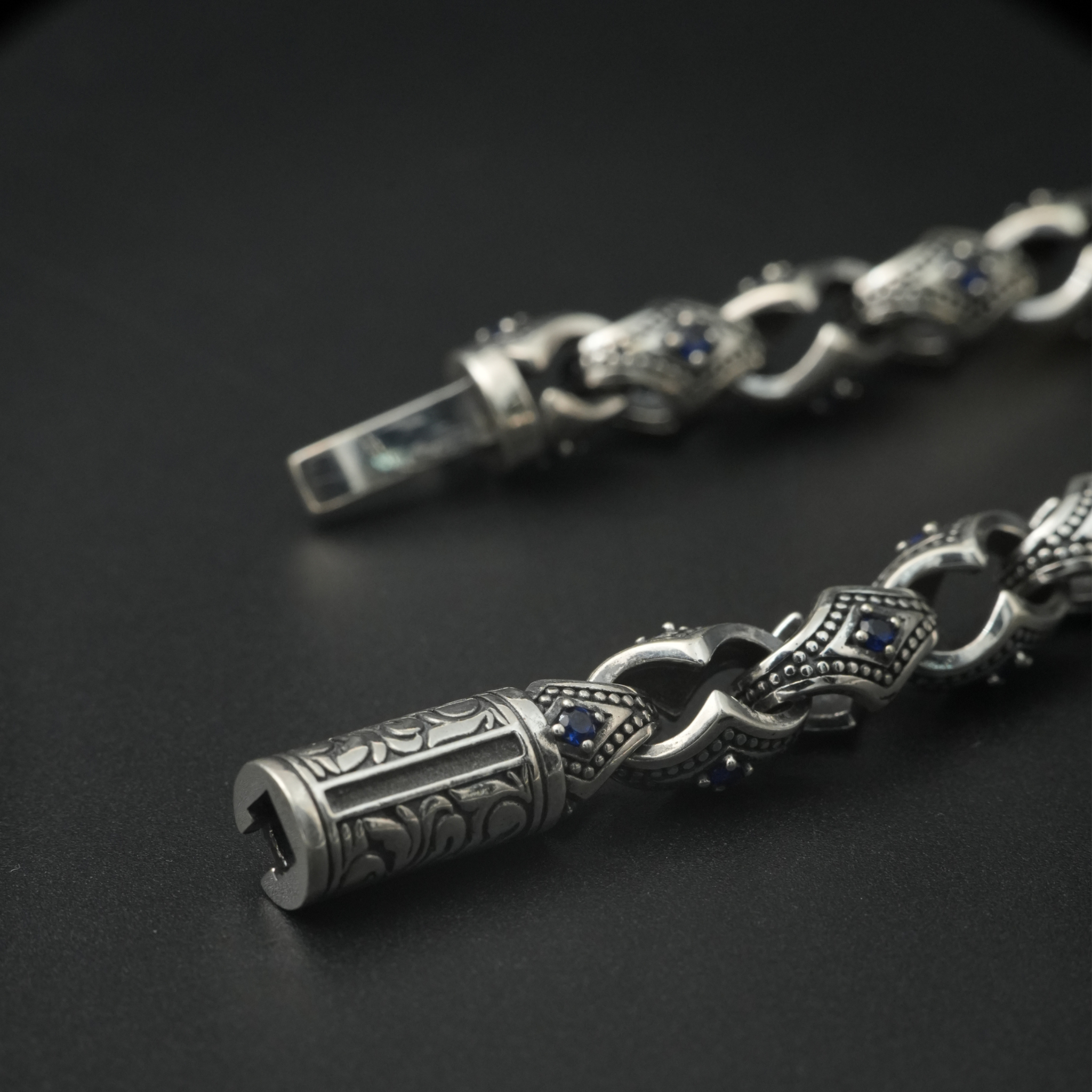 Antique Oxidized Silver Bracelet with Blue Stone Accents