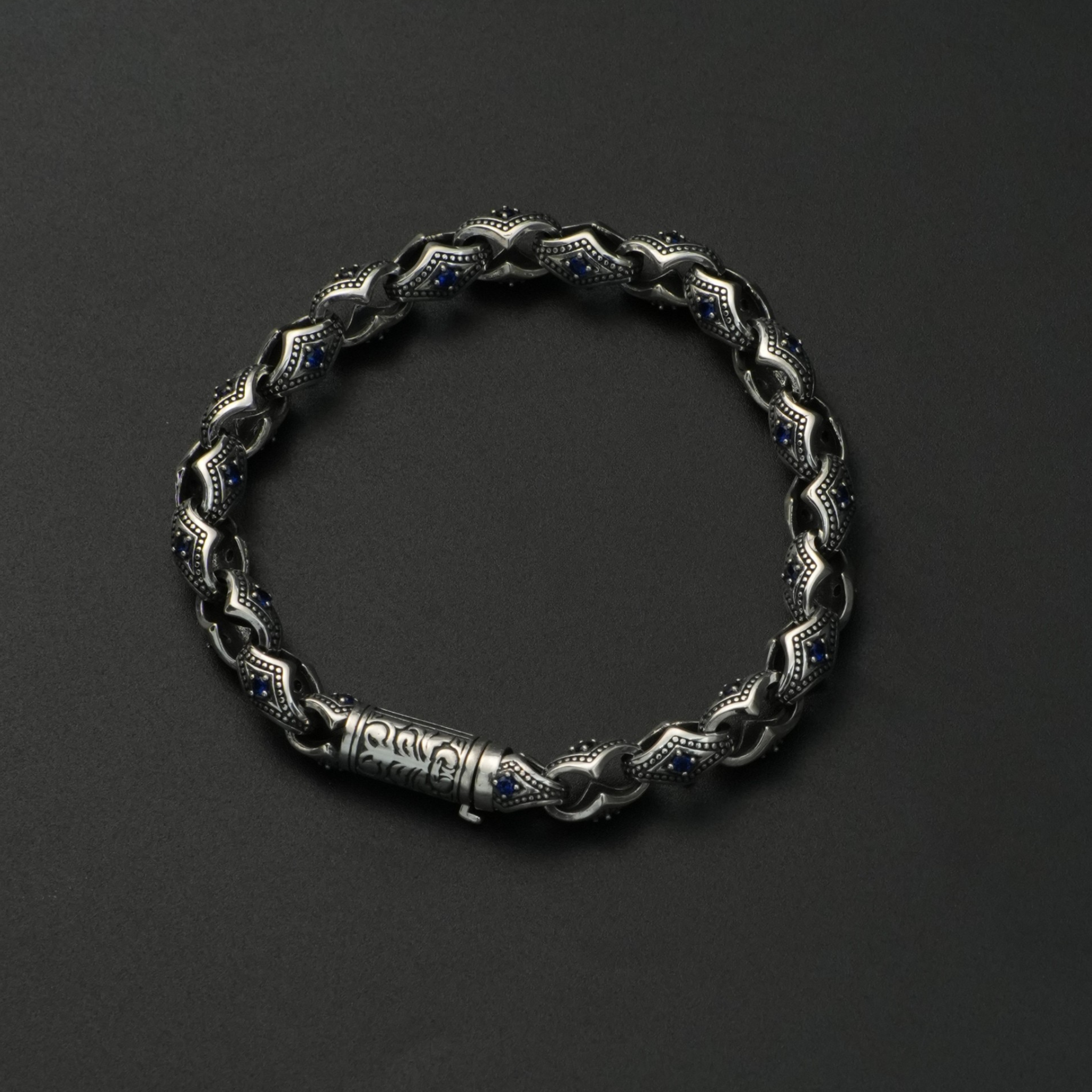 Antique Oxidized Silver Bracelet with Blue Stone Accents