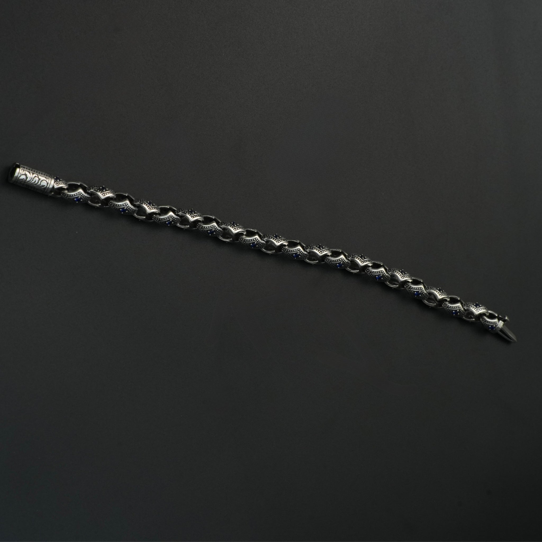 Antique Oxidized Silver Bracelet with Blue Stone Accents