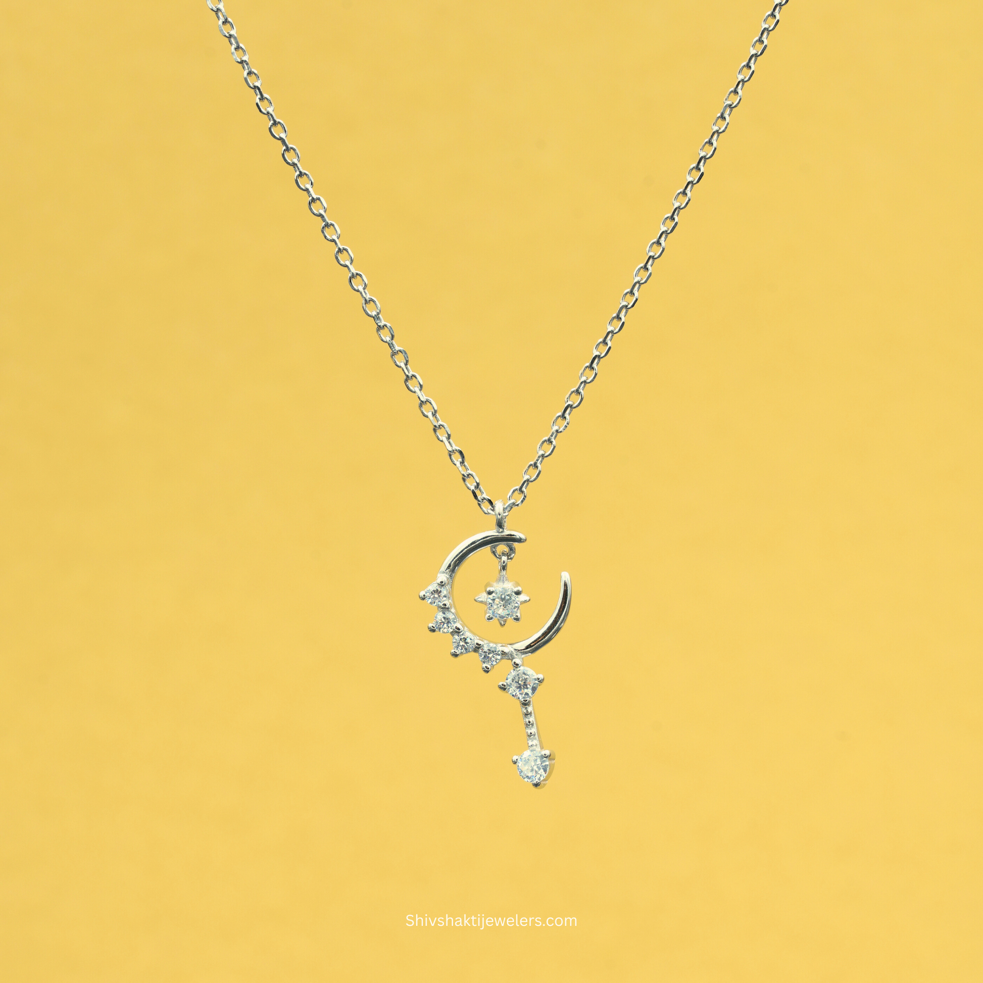 Chandi ka chaand sitara pendant with CZ stones – silver necklace design