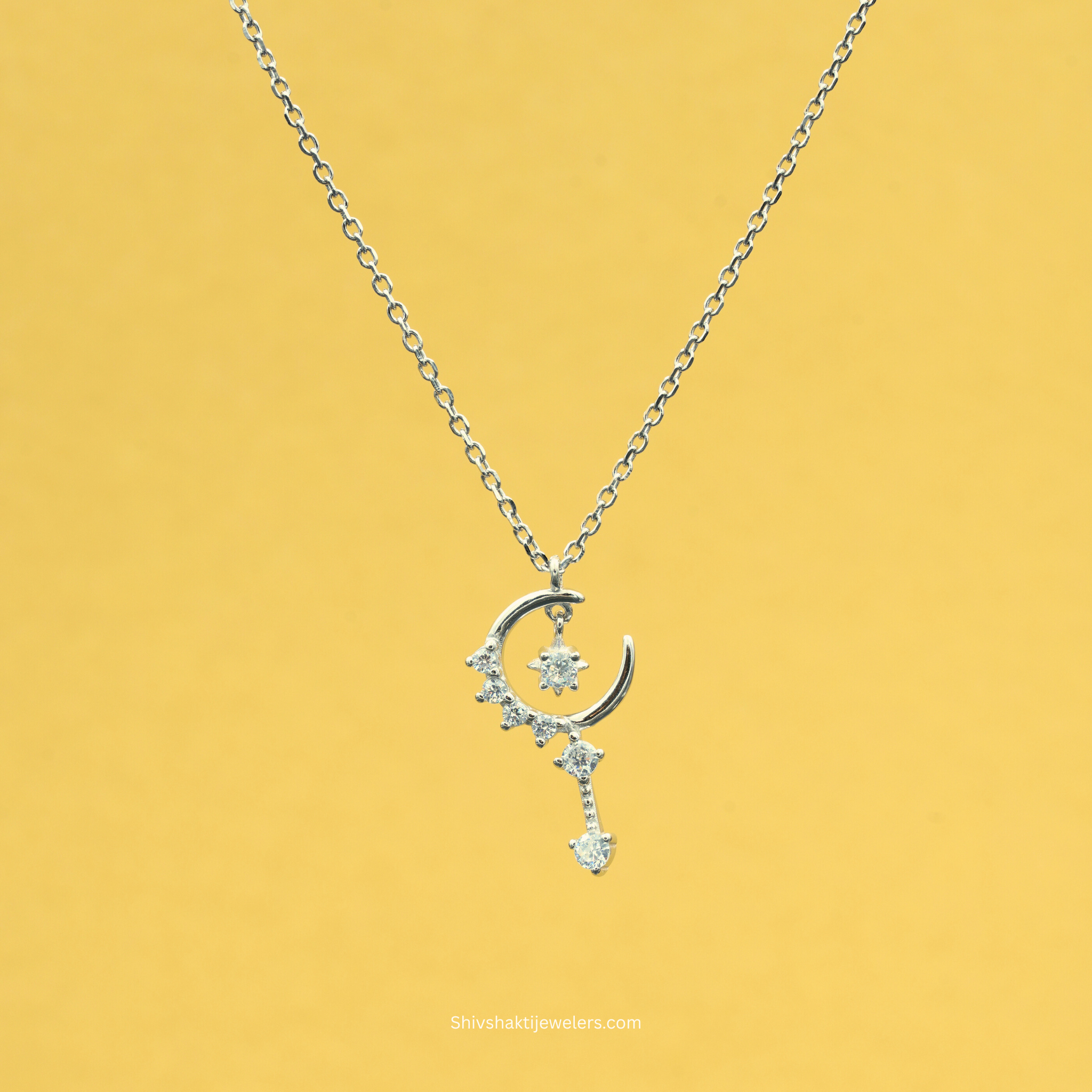 Chandi ka chaand sitara pendant with CZ stones – silver necklace design