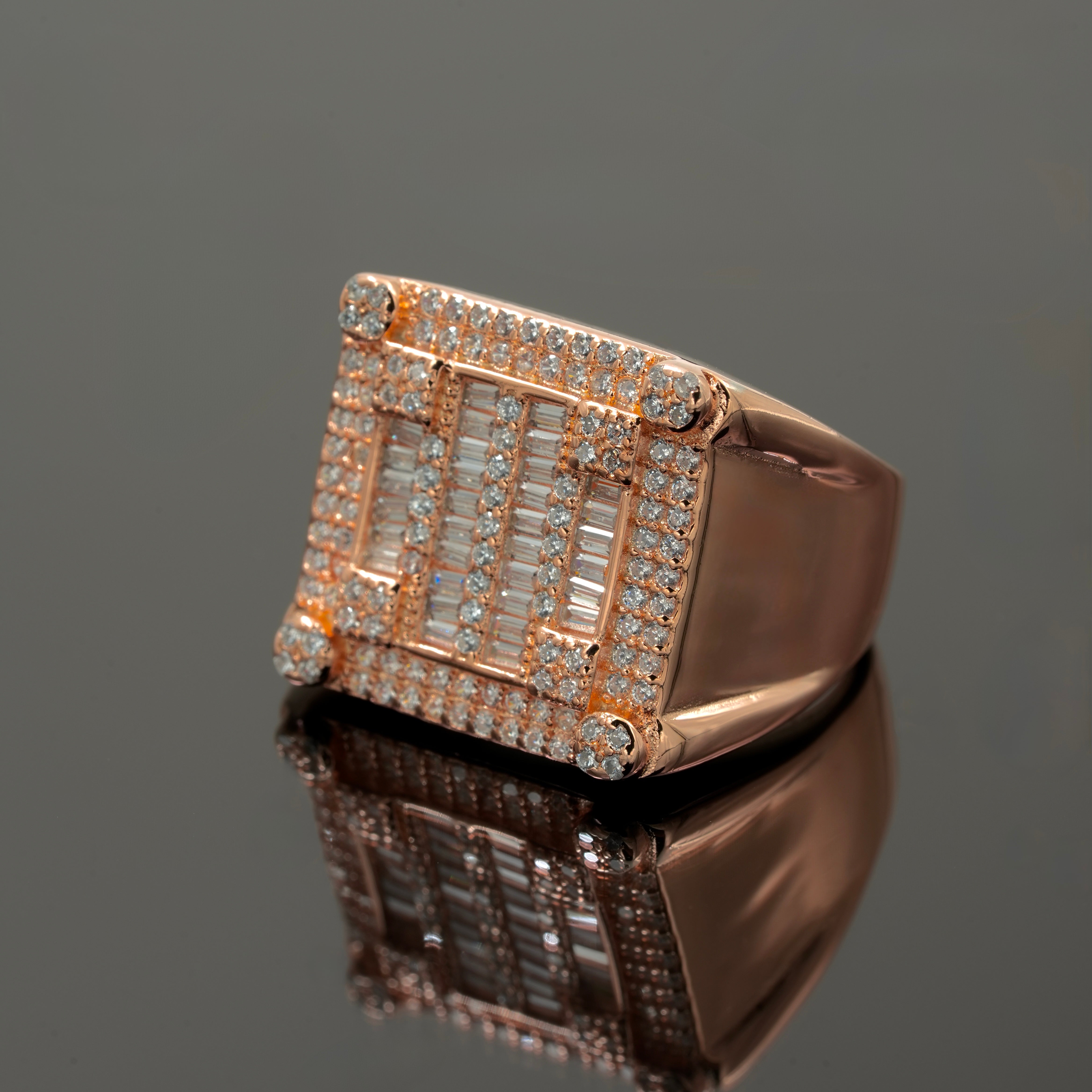 Men’s 925 Silver Rose Gold Finish Square Diamond-Cut Ring with CZ Stones