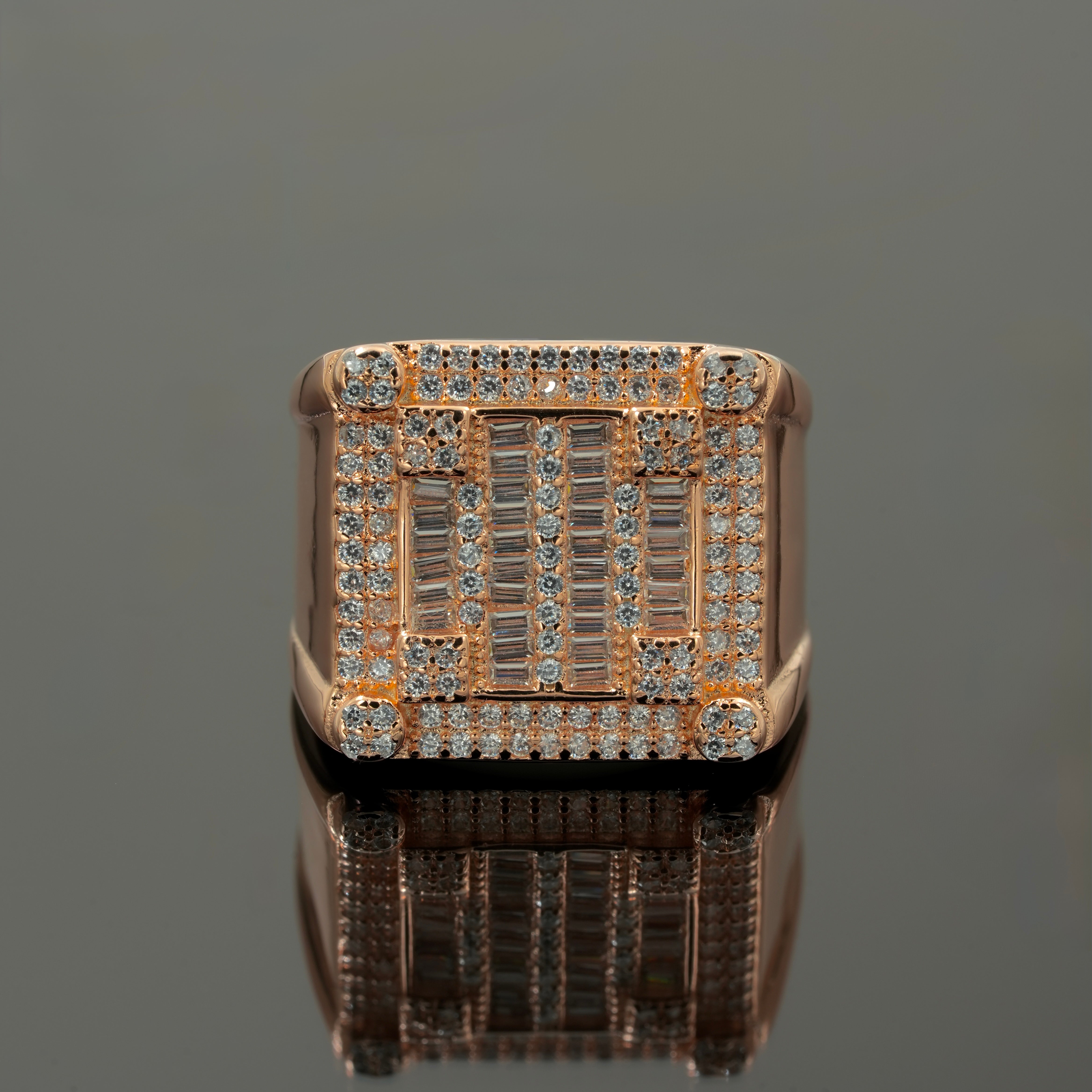 Men’s 925 Silver Rose Gold Finish Square Diamond-Cut Ring with CZ Stones