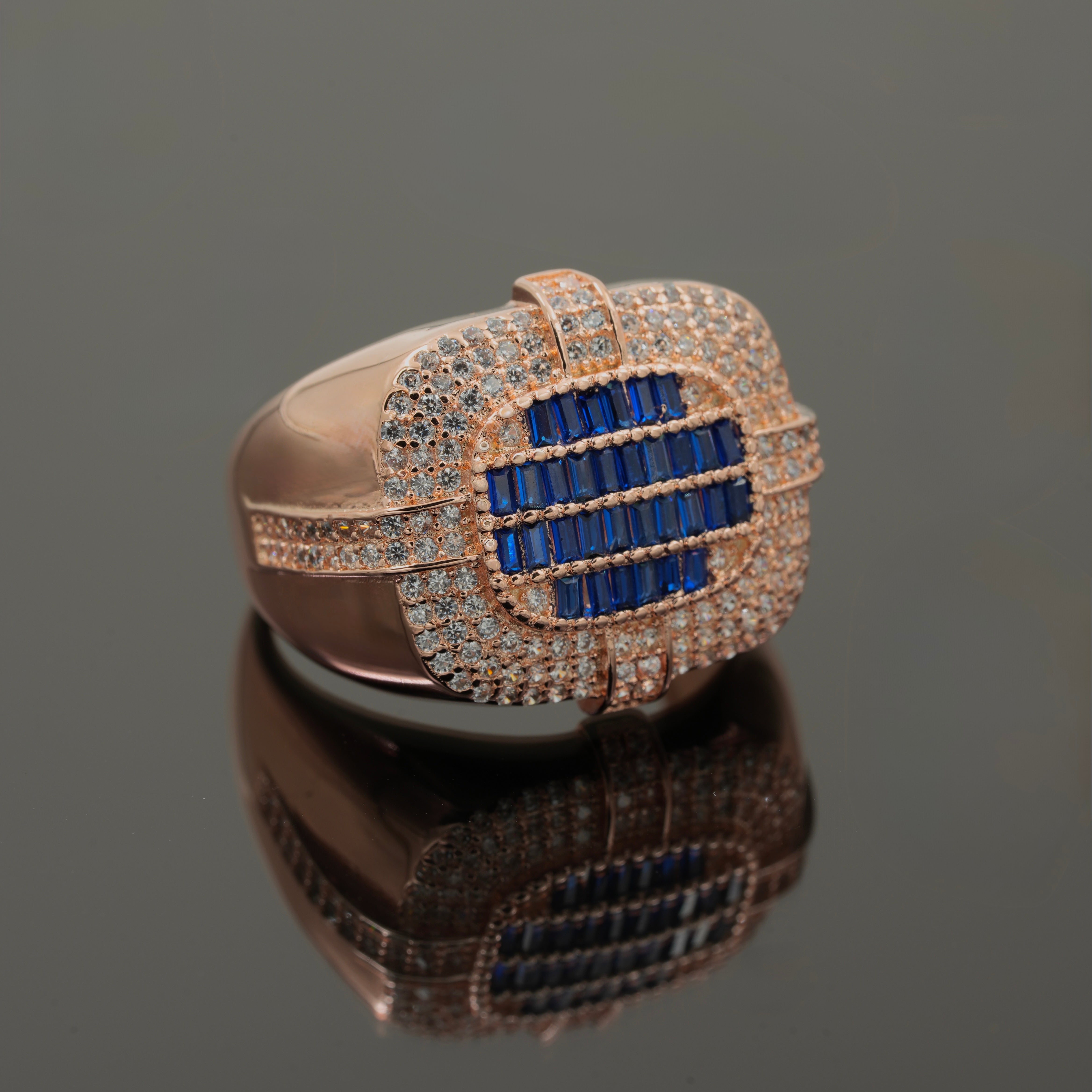 925 Silver Men’s Blue Sapphire & CZ Statement Ring – Rose Gold Finish