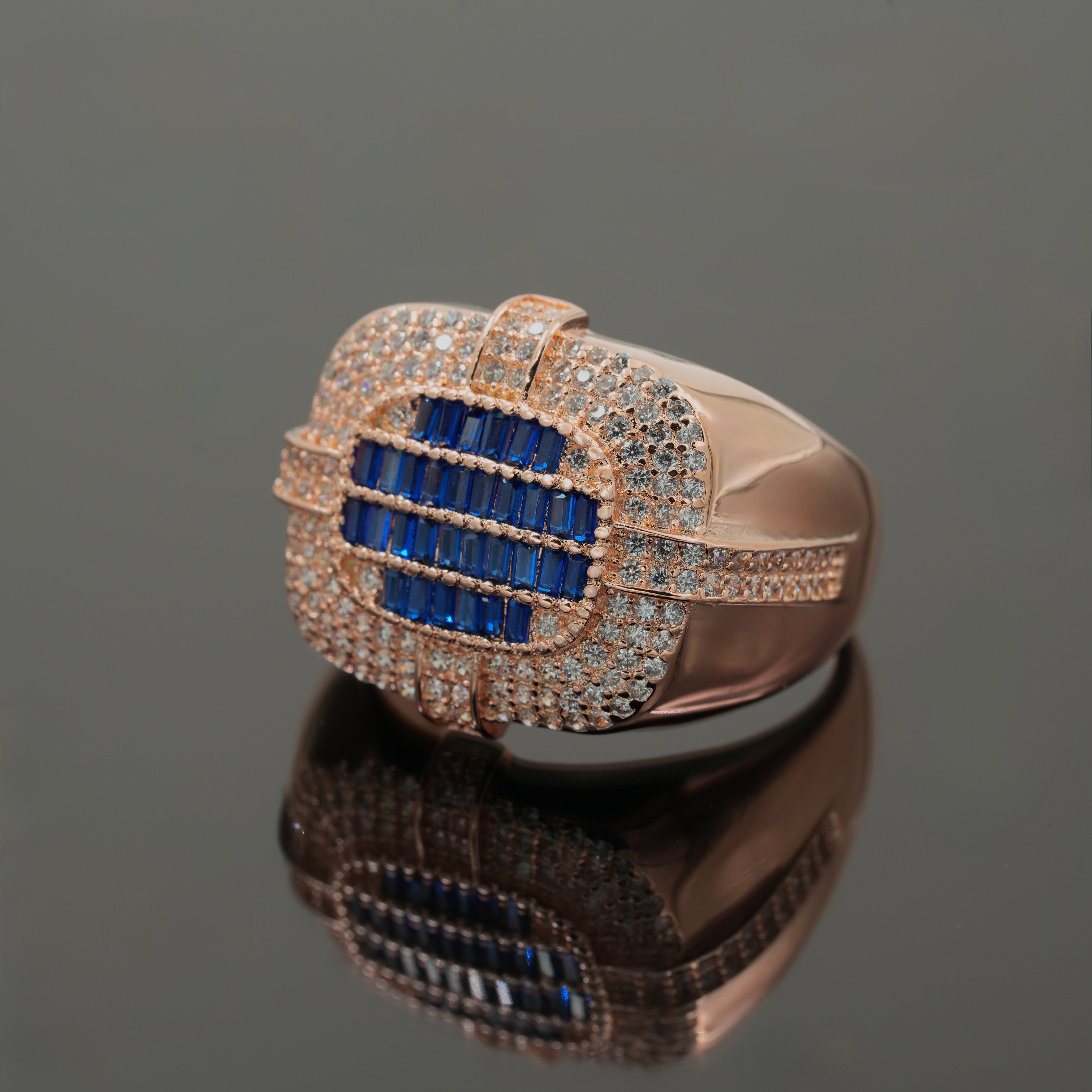 925 Silver Men’s Blue Sapphire & CZ Statement Ring – Rose Gold Finish