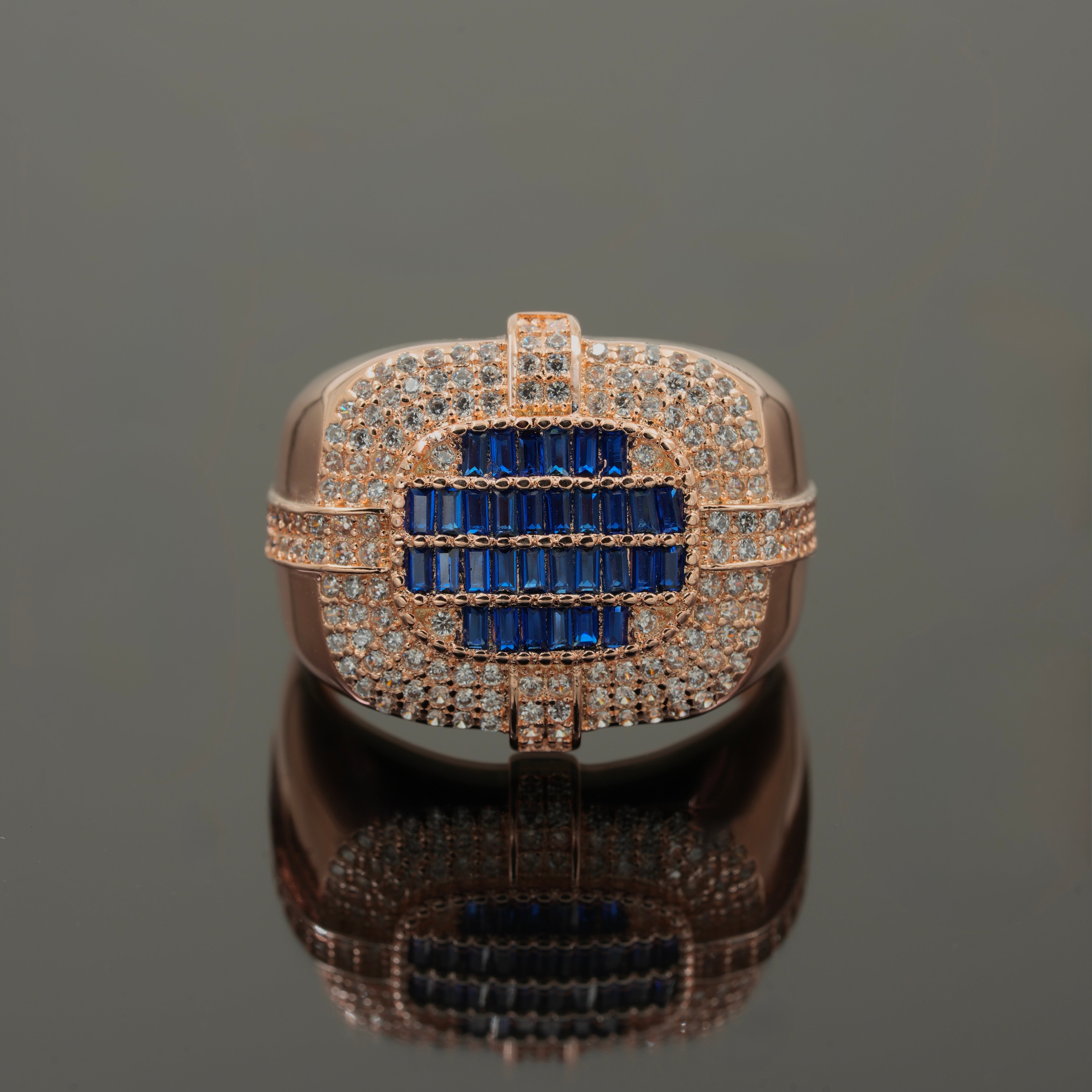 925 Silver Men’s Blue Sapphire & CZ Statement Ring – Rose Gold Finish