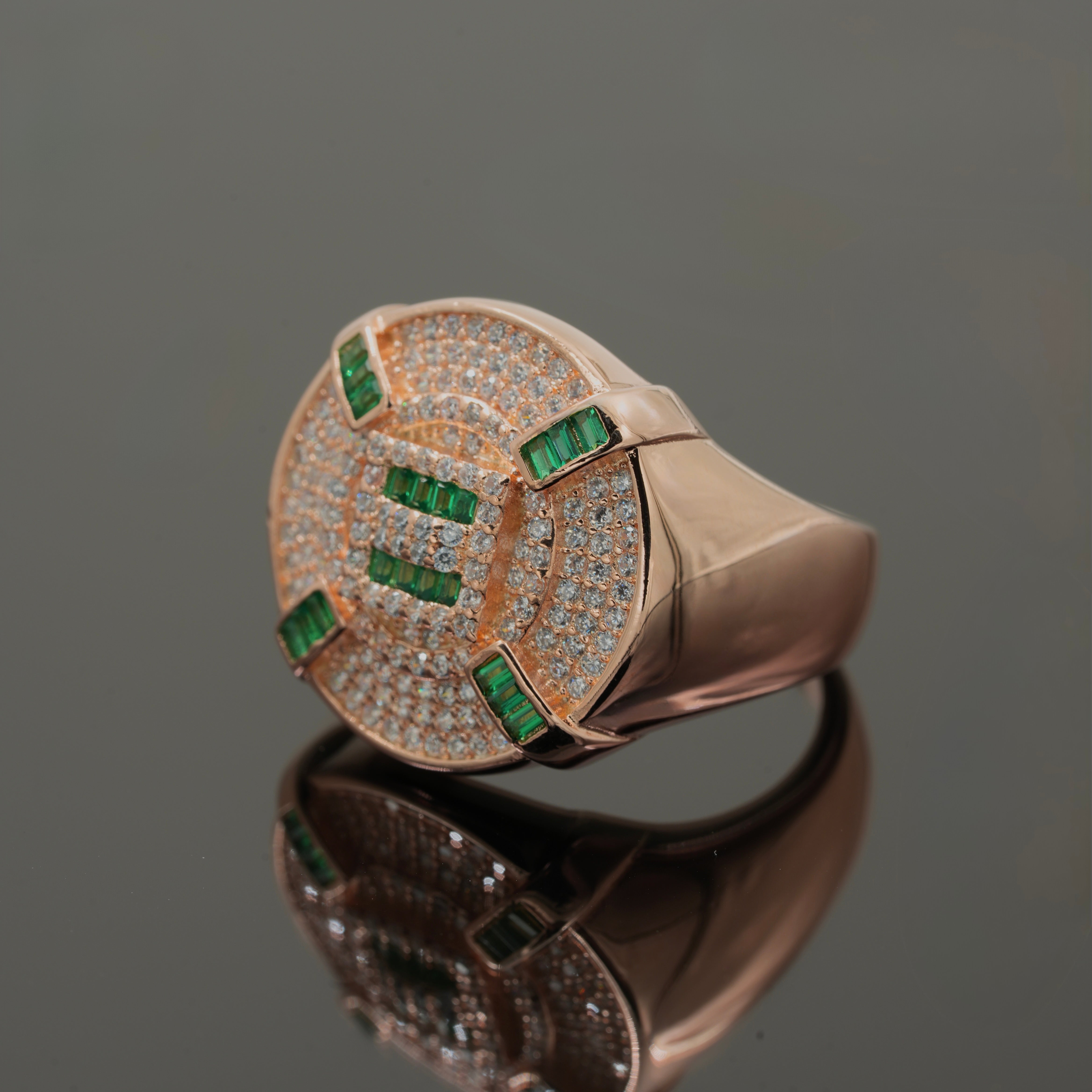 925 Silver Emerald & CZ Rose Gold Men’s Ring – Luxury Statement Jewellery