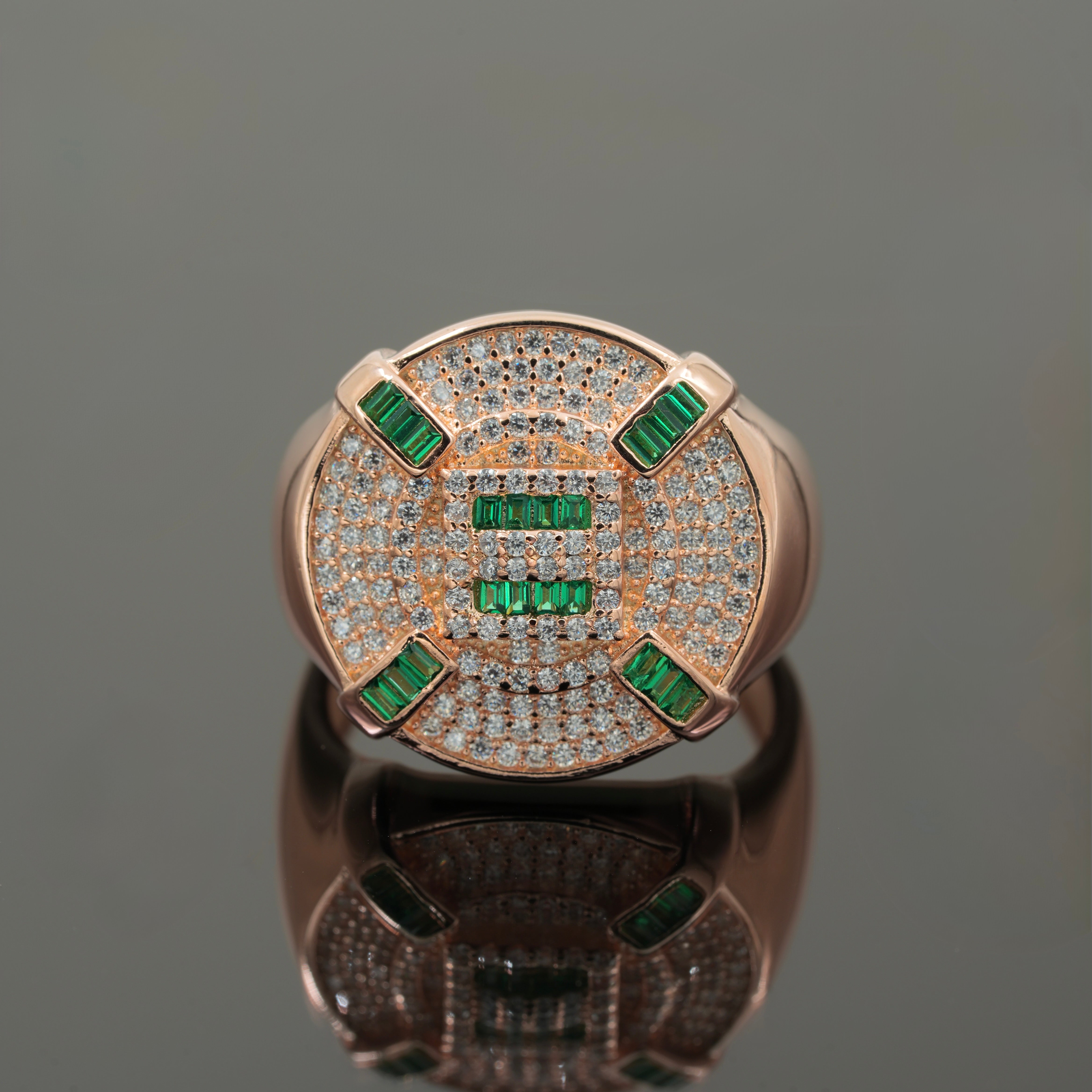 925 Silver Emerald & CZ Rose Gold Men’s Ring – Luxury Statement Jewellery