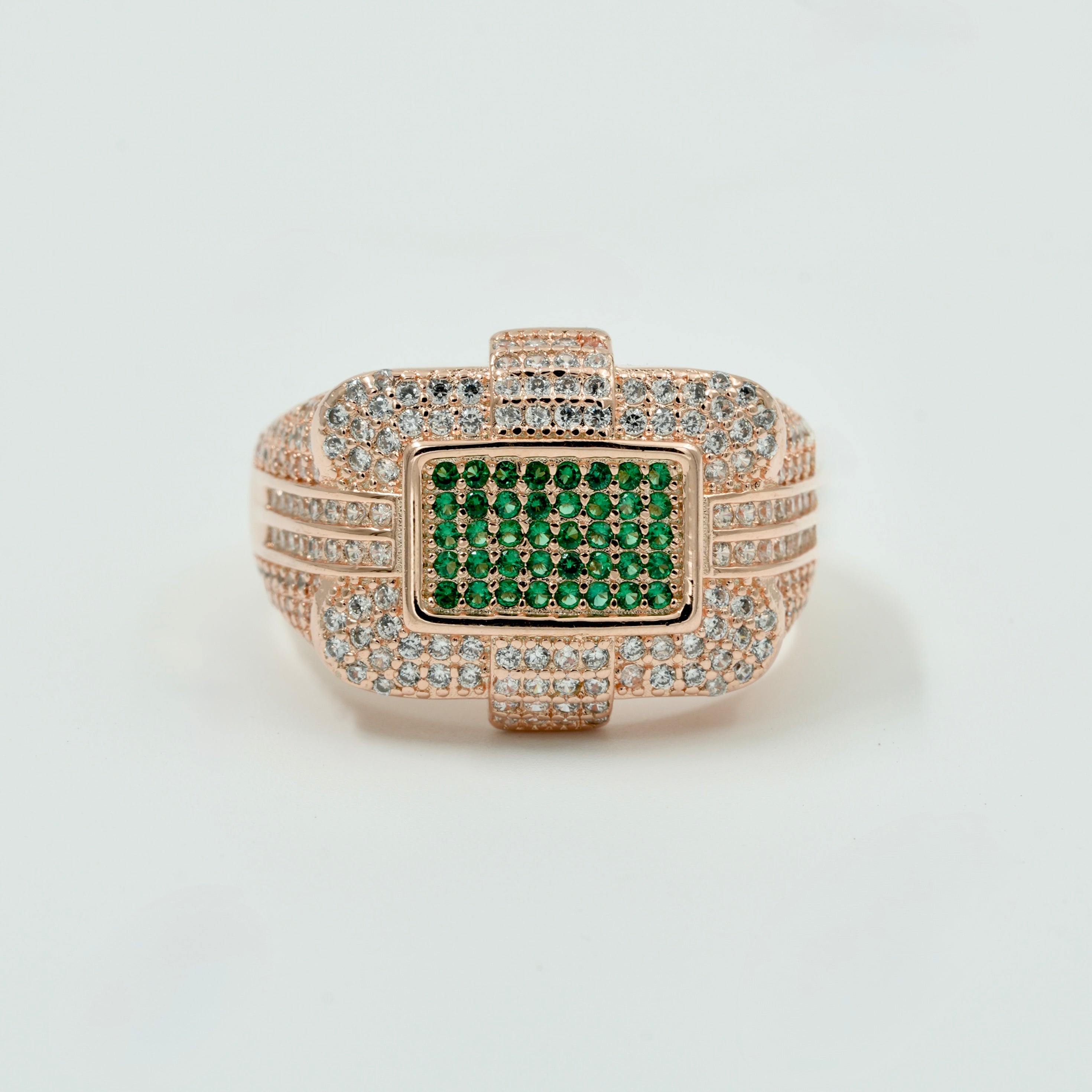 Rose Gold Plated 925 Silver Men’s Emerald & CZ Statement Ring