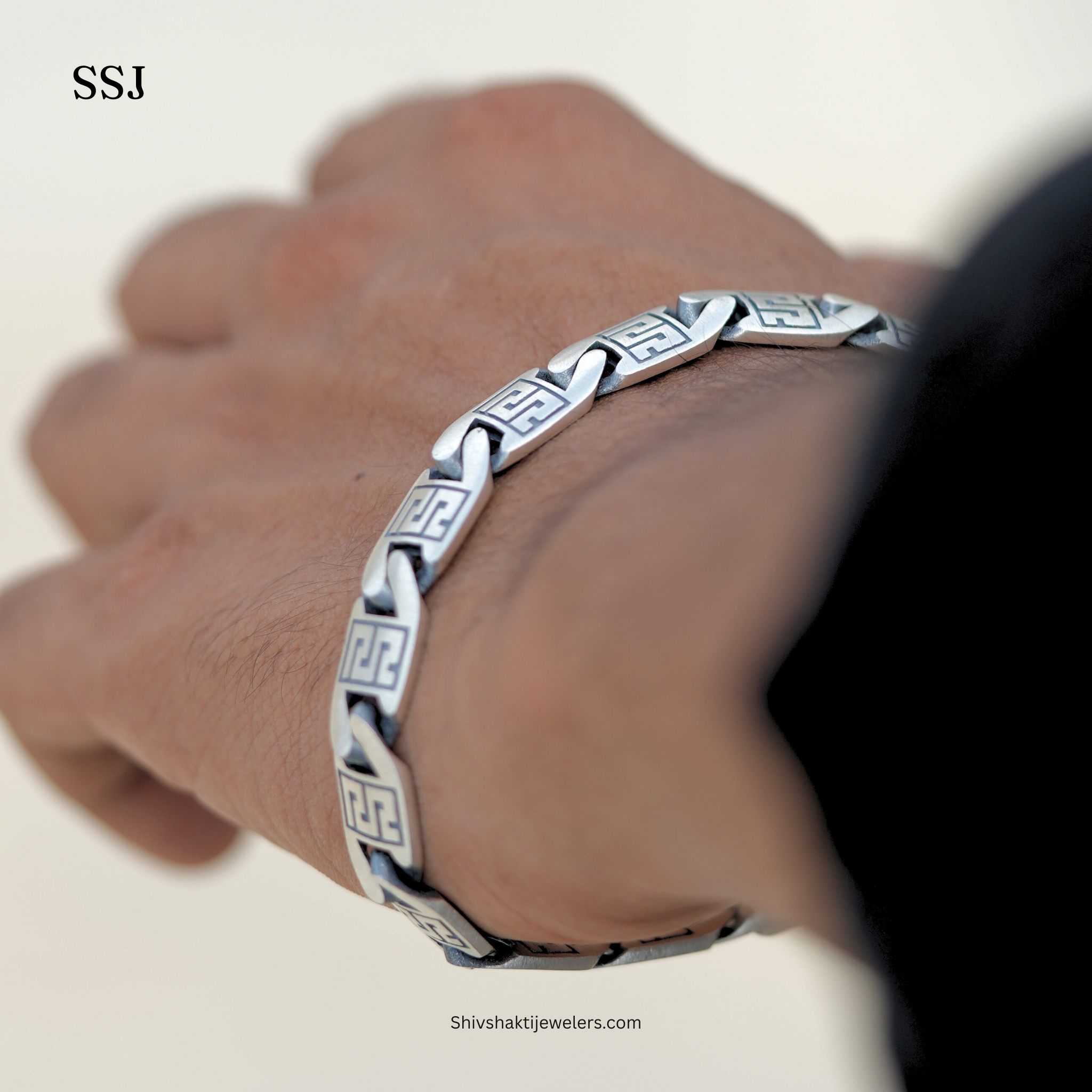 925 silver Greek pattern men’s bracelet – oxidised bold design