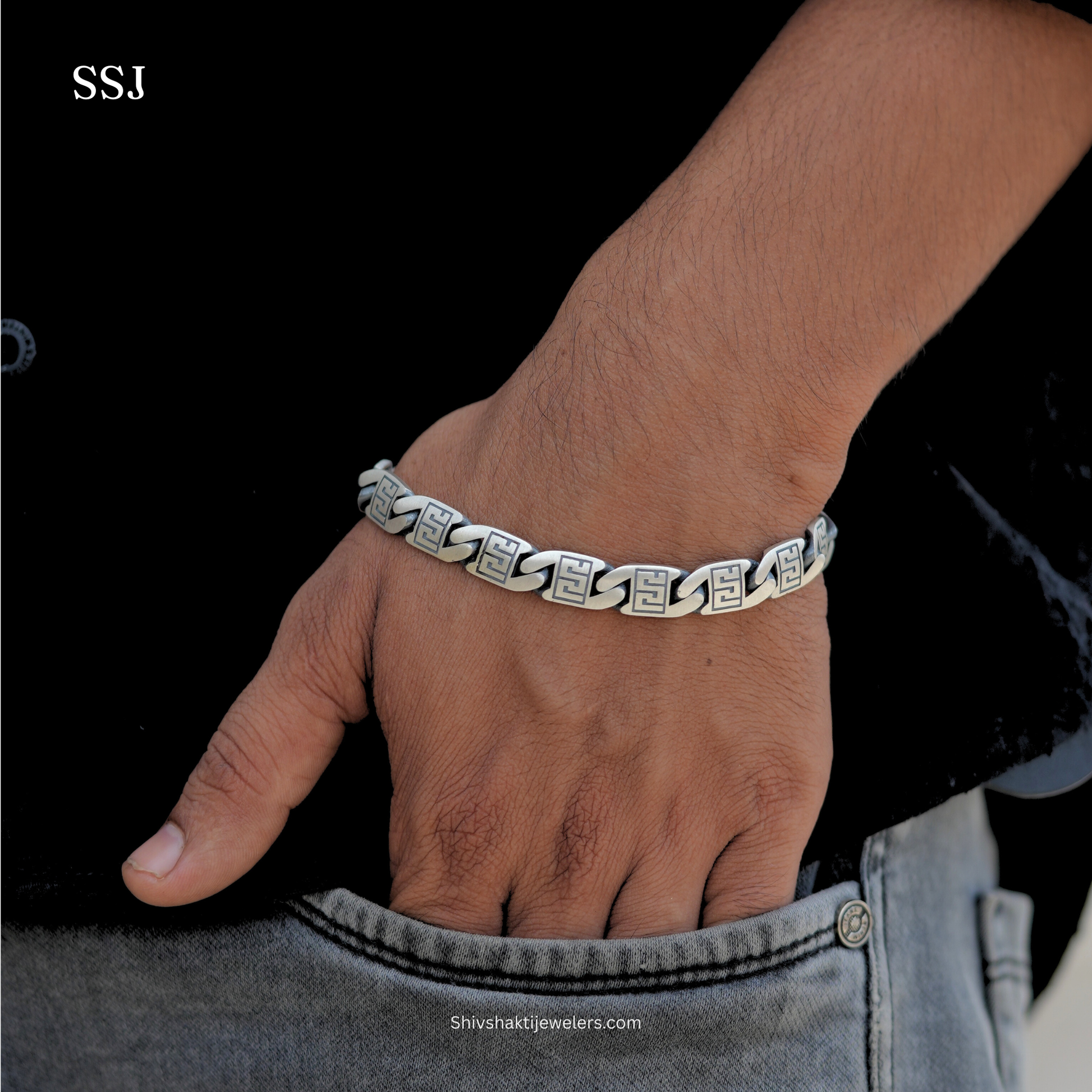 925 silver Greek pattern men’s bracelet – oxidised bold design