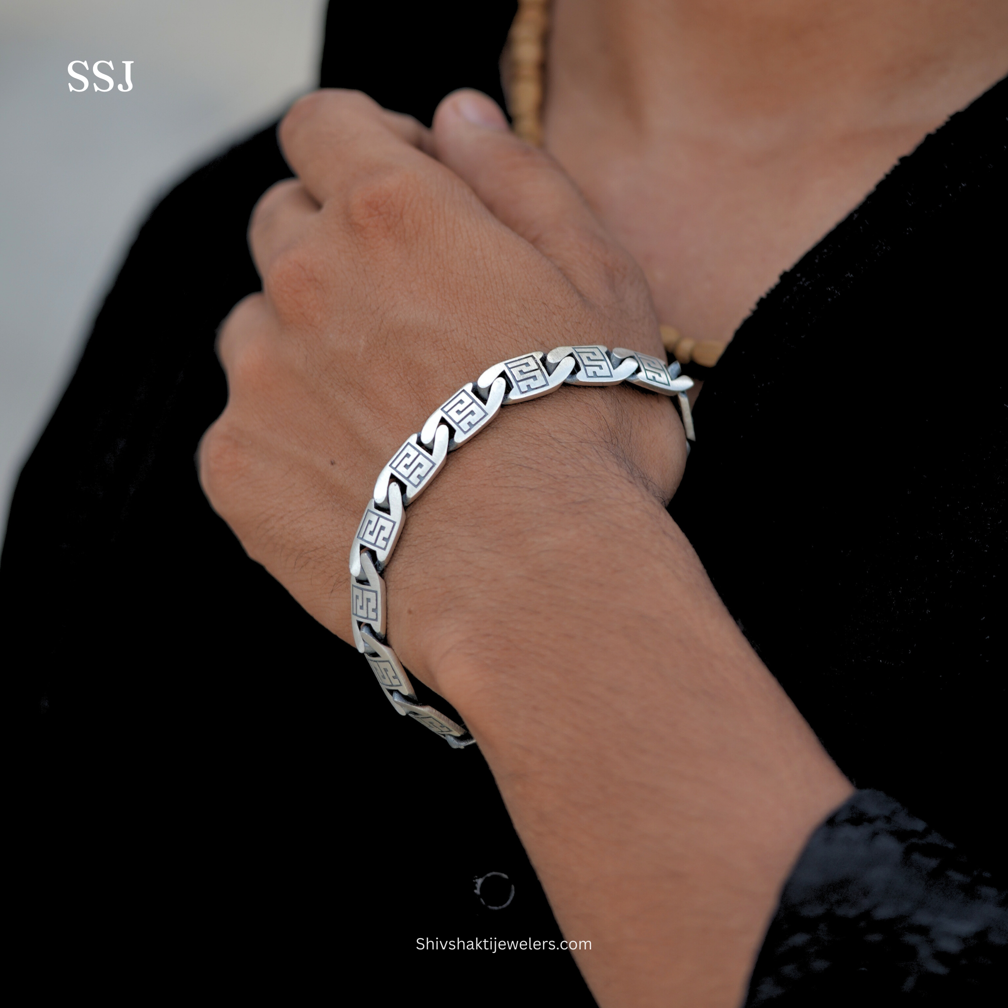 925 silver Greek pattern men’s bracelet – oxidised bold design