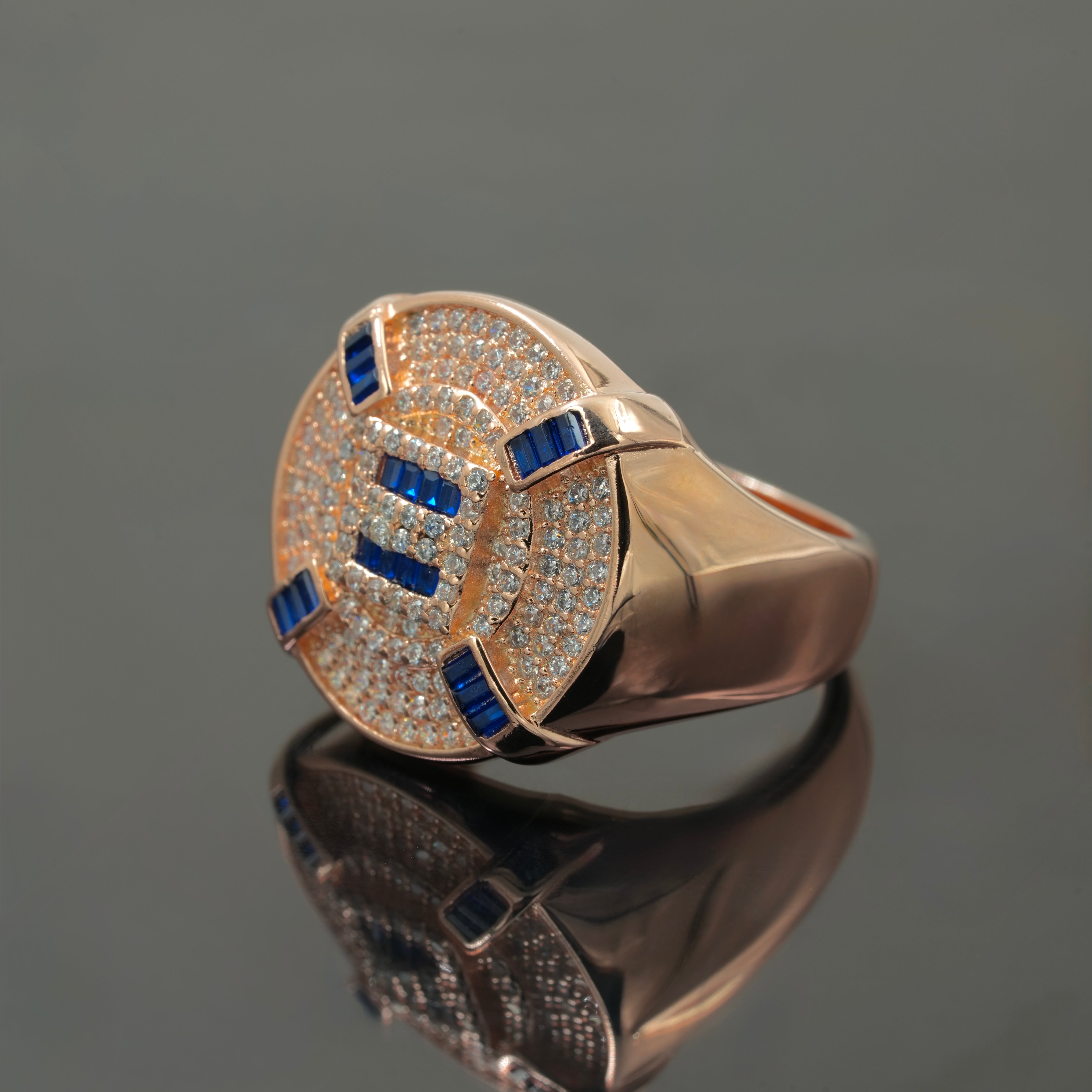 Men’s 925 Silver Rose Gold Plated Blue Sapphire Statement Ring