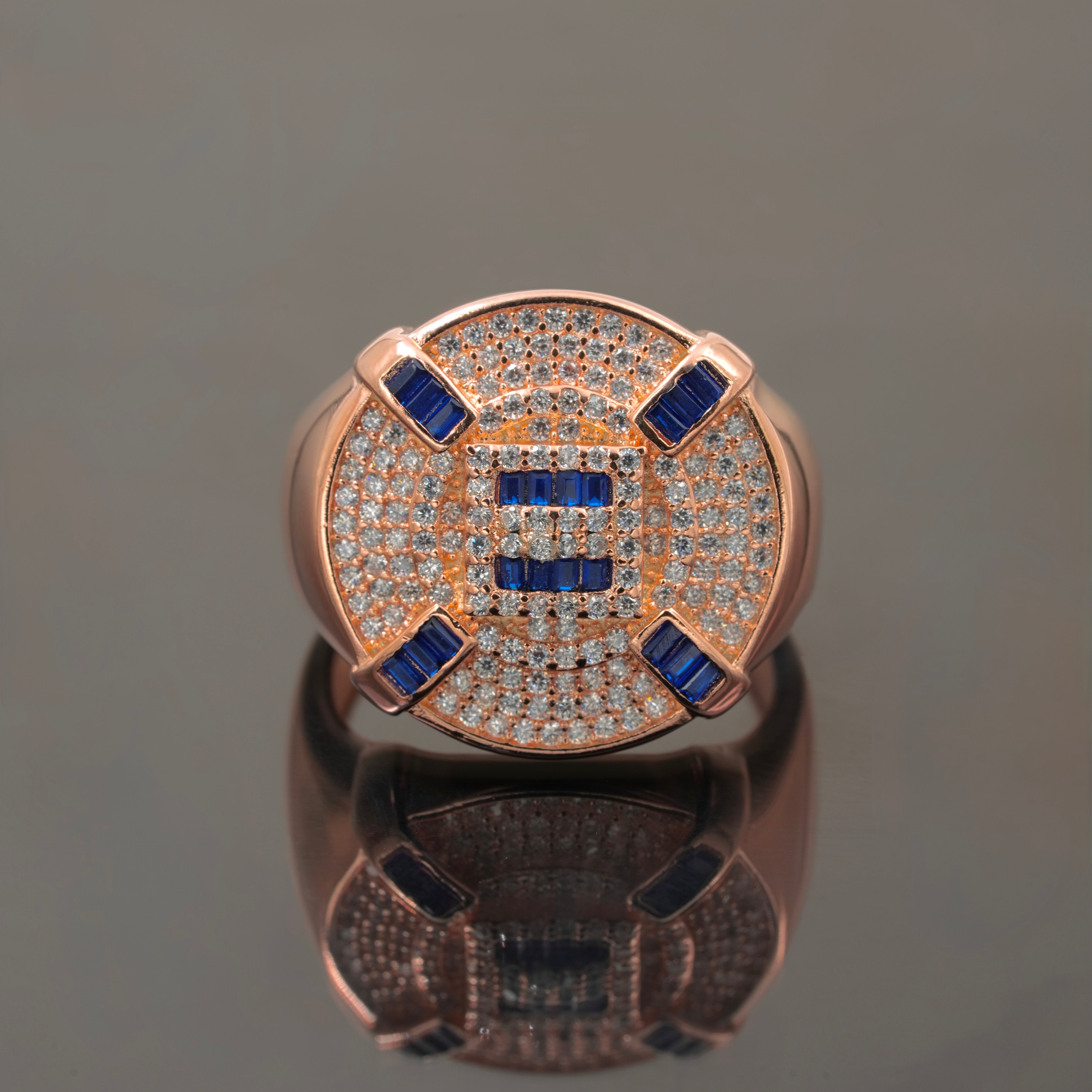 Men’s 925 Silver Rose Gold Plated Blue Sapphire Statement Ring