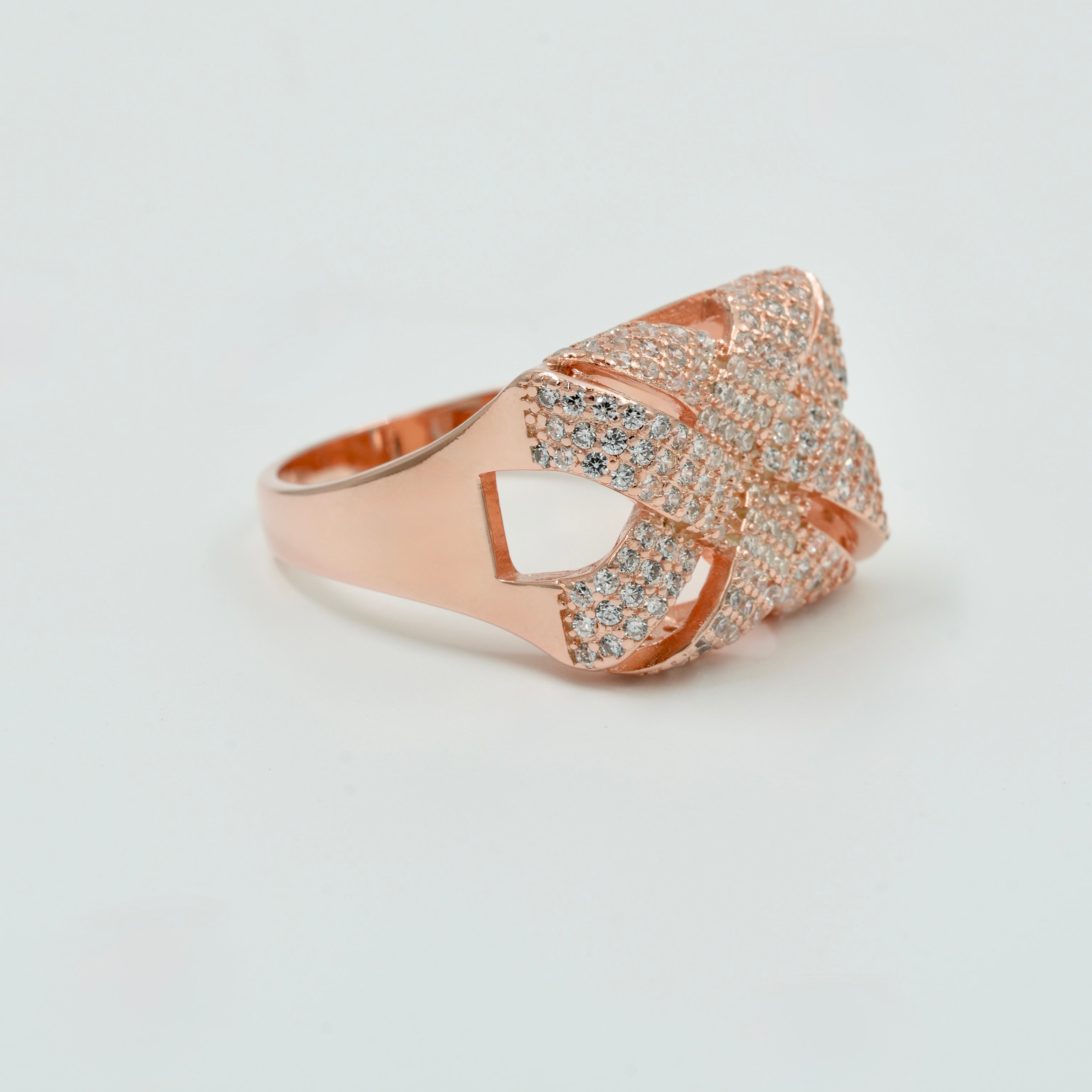 925 Silver Rose Gold Men’s Statement Ring – Criss-Cross CZ Diamond Design