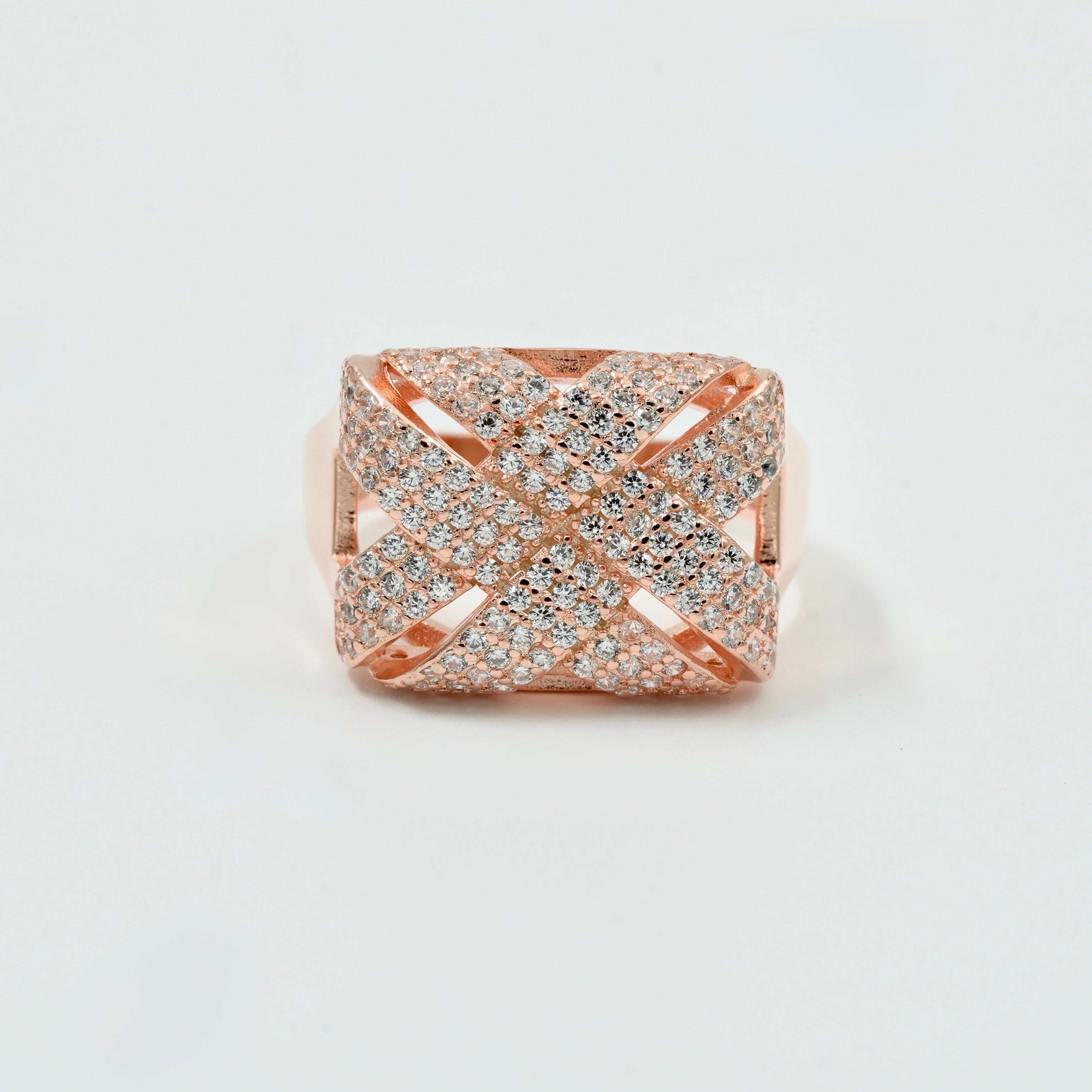 925 Silver Rose Gold Men’s Statement Ring – Criss-Cross CZ Diamond Design