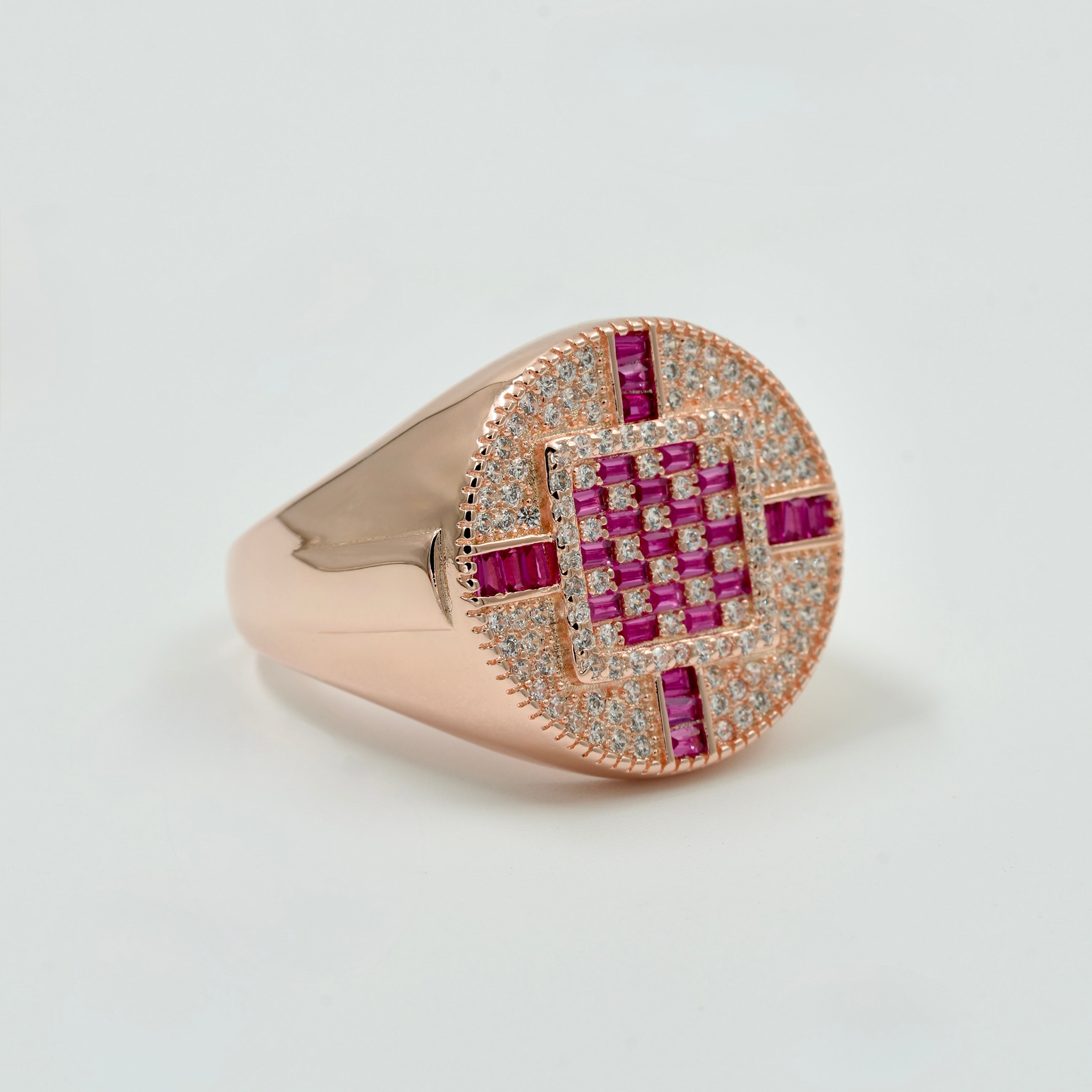 Men’s Ruby & Diamond Round 925 Silver Ring in Rose Gold Finish – Bold Statement Jewellery
