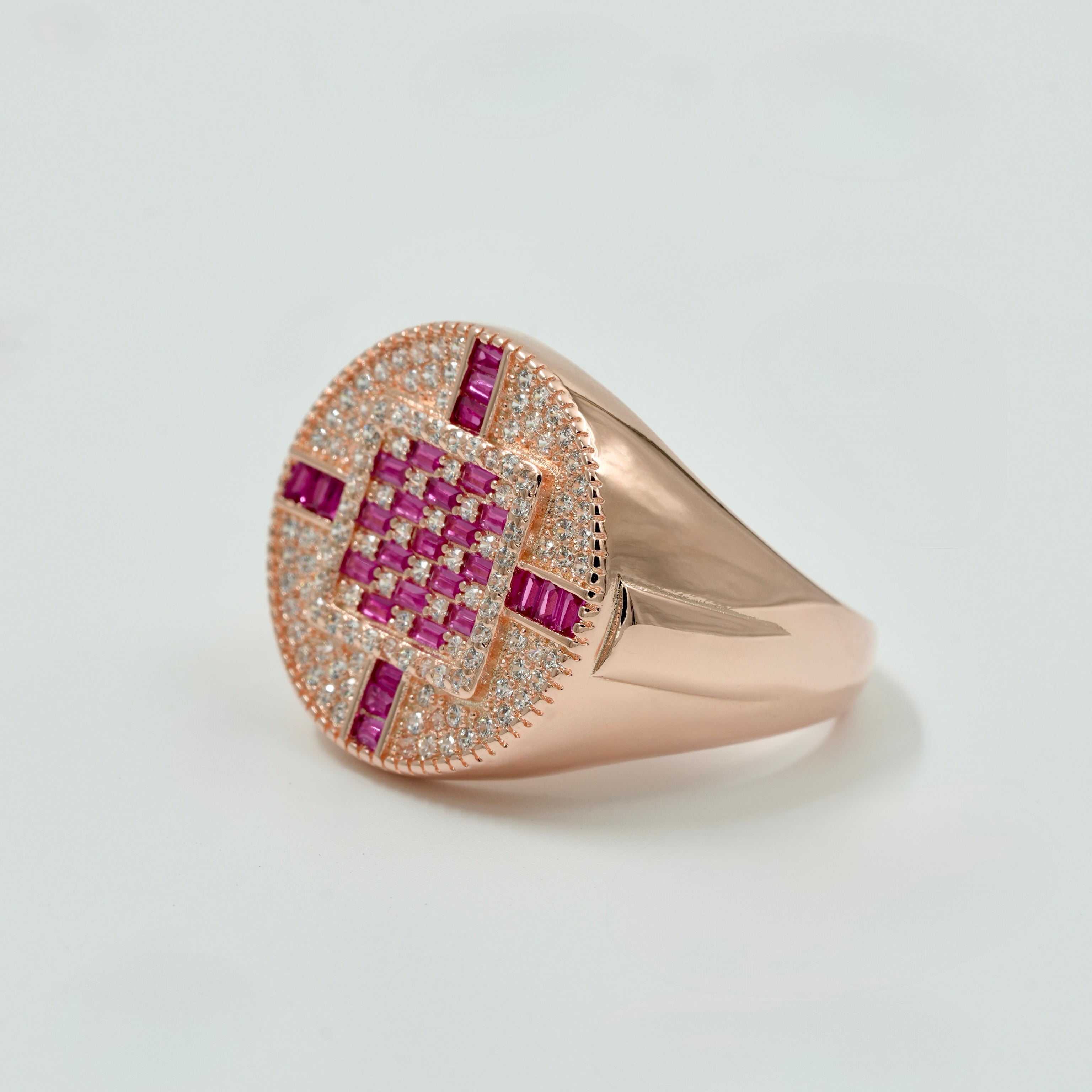 Men’s Ruby & Diamond Round 925 Silver Ring in Rose Gold Finish – Bold Statement Jewellery
